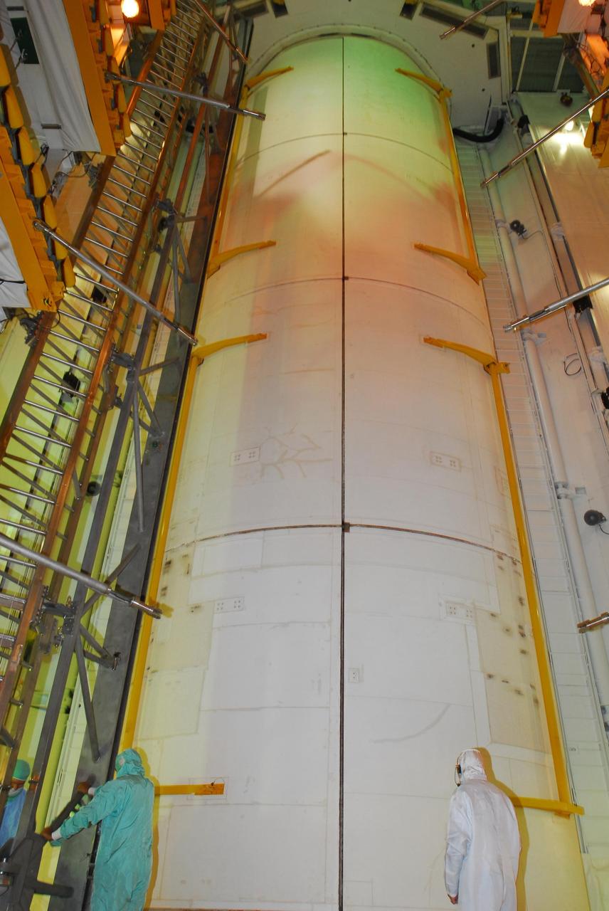 KENNEDY SPACE CENTER, FLA. --   On Launch Pad 39A, space shuttle Discovery's payload bay doors are closed for launch.  Inside are the payloads, the U.S. Node 2, named Harmony and orbital docking system.   Mission STS-120 will bring the Harmony module that will provide attachment points for European and Japanese laboratory modules to the International Space Station.  Launch of Discovery is targeted for Oct. 23.  Photo credit: NASA/George Shelton