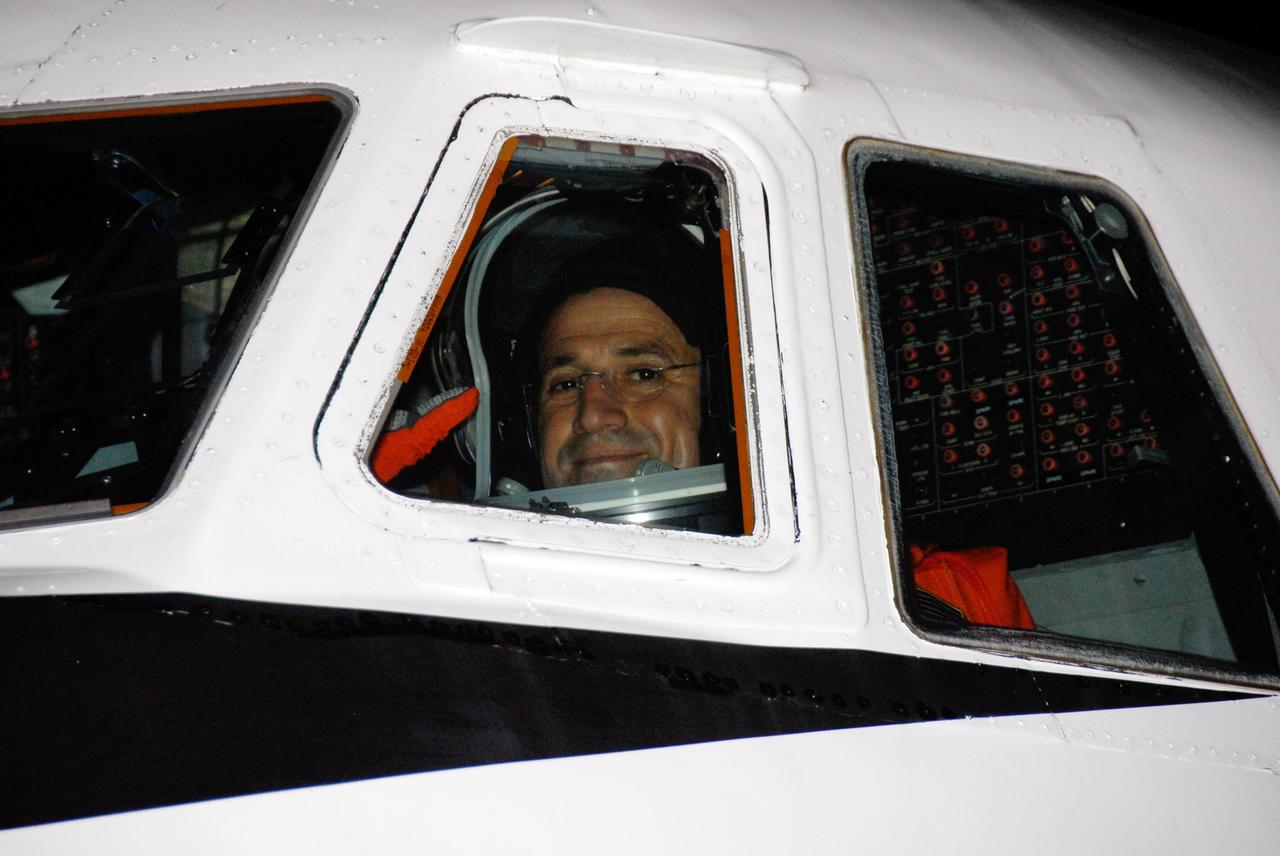 KENNEDY SPACE CENTER, FLA. --  Seated in the cockpit of the shuttle training aircraft, or STA, STS-120 Pilot George Zamka is ready to begin landing practice on NASA's Shuttle Landing Facility runway.  A modified Grumman American Aviation-built Gulf Stream II jet, the STA simulates an orbiter's cockpit, motion and visual cues and handling qualities. In flight, the STA duplicates the orbiter's atmospheric descent trajectory from approximately 35,000 feet altitude to landing on a runway.  Melroy and other crew members are at Kennedy Space Center to take part in the terminal countdown demonstration test, which also includes a simulated launch countdown. Mission STS-120 is targeted for Oct. 23.  Photo credit: NASA/Kim Shiflett