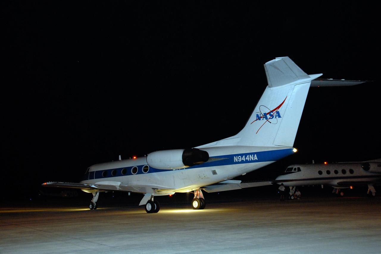 KENNEDY SPACE CENTER, FLA. --  The shuttle training aircraft, or STA, moves toward the runway on NASA's Shuttle Landing Facility.  In the cockpit are STS-120 Commander Pamela Melroy and Pilot George Zamka, who will begin landing practice on the runway. A modified Grumman American Aviation-built Gulf Stream II jet, the STA simulates an orbiter's cockpit, motion and visual cues and handling qualities. In flight, the STA duplicates the orbiter's atmospheric descent trajectory from approximately 35,000 feet altitude to landing on a runway.  Melroy and other crew members are at Kennedy Space Center to take part in the terminal countdown demonstration test, which also includes a simulated launch countdown. Mission STS-120 is targeted for Oct. 23.  Photo credit: NASA/Kim Shiflett