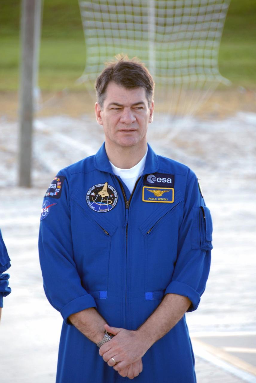 KENNEDY SPACE CENTER, FLA. --  STS-120 Mission Specialist Paolo Nespoli is ready for the media conference at the slidewire basket landing on Launch Pad 39A.  Nespoli represents the European Space Agency.  The crew is at NASA's Kennedy Space Center to take part in terminal countdown demonstration test activities that include emergency egress procedures and a simulated launch countdown.  Mission STS-120, which will carry the Italian-built U.S. Node 2 to the International Space Station, is targeted for launch on Oct. 23. Tani will remain aboard the station and return with the STS-122 crew, targeted to launch Dec. 6.  Photo credit: NASA/Kim Shiflett