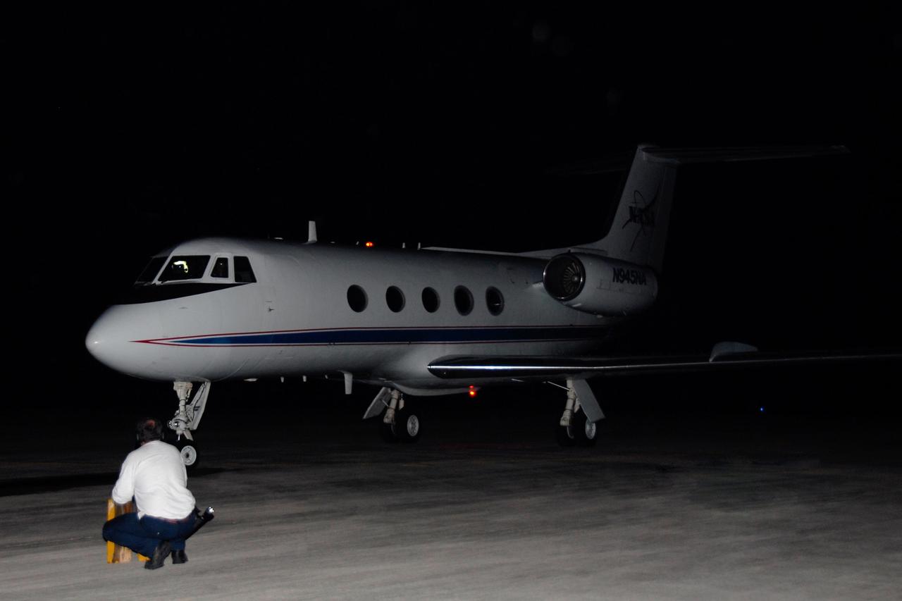KENNEDY SPACE CENTER, FLA. -- A Shuttle Training Aircraft, or STA, parks on the tarmac at Kennedy Space Center's Shuttle Landing Facility.  Aboard are STS-120 Commander Pam Melroy and Pilot George Zamka, training for their upcoming space shuttle mission by practicing landings using the STA. Melroy is the second woman to command a shuttle mission. Also assigned to STS-120 are Mission Specialists Scott Parazynski, Stephanie Wilson, Doug Wheelock, Paolo Nespoli and Daniel Tani. Nespoli represents the European Space Agency. Tani will remain on the International Space Station as an Expedition 16 flight engineer after the STS-120 mission is complete. The mission will be the 23rd shuttle flight to the International Space Station, delivering the Italian-built U.S. Node 2, called Harmony. The crew arrived at Kennedy on Oct. 19 to prepare for launch aboard space shuttle Discovery at 11:38 a.m. EDT Oct. 23. The 14-day mission includes five spacewalks -- four by shuttle crew members and one by the station's Expedition 16 crew -- to install Harmony and move the P6 solar arrays to their permanent position and deploy them. Discovery is expected to complete its mission and return home on Nov. 6.  Photo credit: NASA/Kim Shiflett
