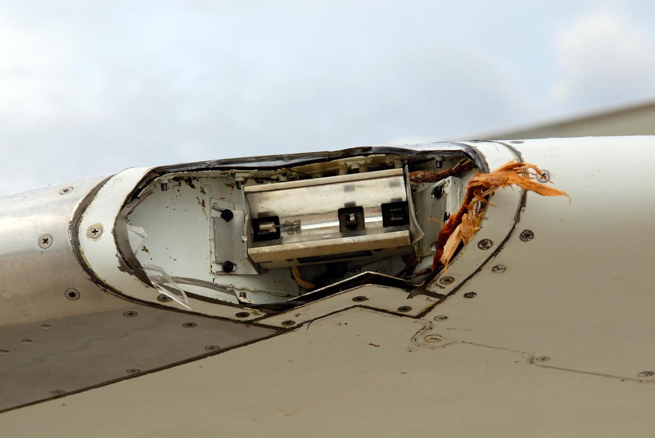 KENNEDY SPACE CENTER, FLA. -- Debris from apparent contact with a tree near Kennedy Space Center's Shuttle Landing Facility can be seen in the position light cavity on the left side of one of NASA's Shuttle Training Aircraft, or STA.  The left strobe light and wing tip also received minor damage. The incident occurred during landing about 6:30 p.m. EDT Oct. 19 following a training session.  An STA flight instructor was piloting the aircraft.  The flight crew was unaware of any contact with the tree, and there were no injuries.  Thunderstorms were in the area at the time of the incident, which is under investigation.  The STA is a twin-engine Gulfstream II jet that was modified to simulate a space shuttle during landing.  Photo credit: NASA/Kim Shiflett