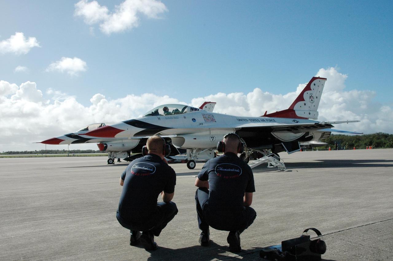 KENNEDY SPACE CENTER, FLA. -- U.S. Air Force Thunderbirds line up on the Shuttle Landing Facility at NASA's Kennedy Space Center.  The aerial demonstration squadron is performing for the World Space Expo being held from Nov. 1 to Nov. 4 at the NASA Kennedy Space Center Visitor Complex.  Other aircraft participating in the salute include U.S. Air Force F-22 Raptor, U.S. Navy F-18 Super Hornet, U.S. Air Force F-15 Eagle, the P-51 Mustang Heritage Flight and the U.S. Air Force 920th Rescue Wing, which was responsible for Mercury and Gemini capsule recovery.  The U.S. Army Golden Knights also will demonstrate precision skydiving.  The World Space Expo is an event to commemorate humanity's first 50 years in space while looking forward to returning people to the moon and exploring beyond. The expo will showcase various panels, presentations and educational programs. It also is a part of NASA's 50th anniversary celebrations, highlighting the 45th Anniversary of the Mercury Program celebration featuring original NASA astronauts John Glenn and Scott Carpenter and the Pioneering Women of Aerospace forum featuring Eileen Collins and other prominent female space veterans. The agency was founded Oct. 1, 1958.  Photo credit: NASA/Jack Pfaller