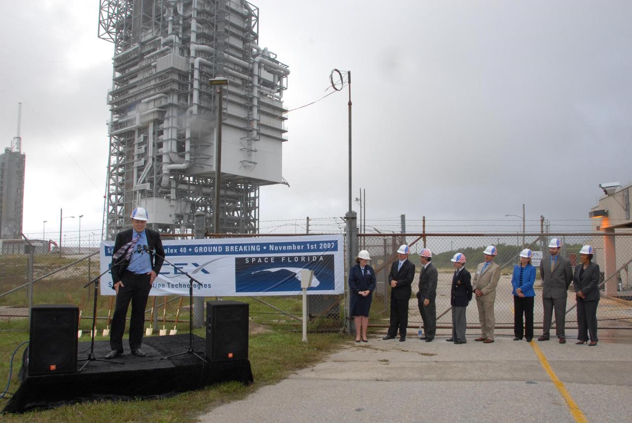 KENNEDY SPACE CENTER, FLA. --  At ground-breaking ceremonies for SpaceX's new Falcon 9 rocket launch facilities at Space Launch Complex 40 at Cape Canaveral, Elon Musk, founder and CEO of Space Exploration Technologies, talks about opportunity for both SpaceX and the 45th Space Wing that the new facility will provide.  As part of NASA’s Commercial Orbital Transportation Services, or COTS, competition, SpaceX will launch a Falcon 9 with a cargo-carrying payload on a series of three demonstration missions from Cape Canaveral to the International Space Station, culminating with the delivery of supplies to the $100 billion dollar orbiting laboratory. SpaceX intends to demonstrate its launch, maneuvering, berthing and return abilities by 2009 – a year before NASA has scheduled the conclusion of Space Shuttle operations.  Photo credit: NASA/George Shelton