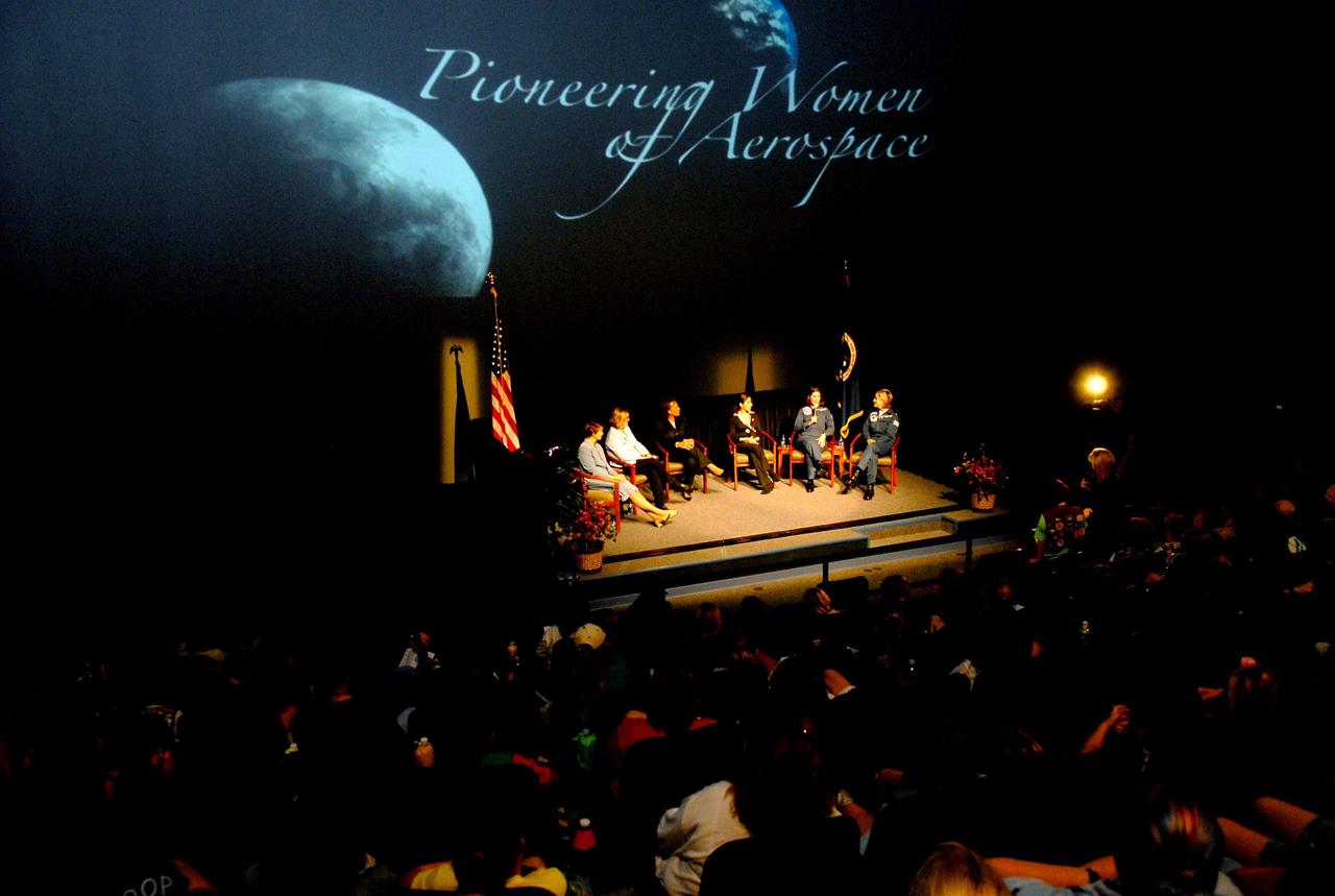 KENNEDY SPACE CENTER, FLA. —  In the spotlight for the World Space Expo's Pioneering Women of Aerospace forum are Ret. Colonel Eileen Collins, the first female shuttle commander; Dr. Kathryn D. Sullivan, the first American woman to spacewalk; Patricia Grace Smith, with the FAA, the first associate administrator of commercial space transportation; Dr. Anousheh Ansari, a spaceflight participant; Major Nicole Malachowski, the first female pilot with the U.S. Air Force Thunderbirds; and Major Samantha Weeks, the first female solo pilot with the  U.S. Air Force Thunderbirds. The expo commemorates humanity's first 50 years in space while looking forward to returning people to the moon and exploring beyond.  The expo showcased various panels, presentations and educational programs, as well as an aerial salute featuring the U.S. Air Force Thunderbirds, U.S. Air Force F-22 Raptor, U.S. Navy F-18 Super Hornet, U.S. Air Force F-15 Eagle, the P-51 Mustang Heritage Flight, and the U.S. Air Force 920th Rescue Wing, which was responsible for Mercury and Gemini capsule recovery. The U.S. Army Golden Knights also demonstrated precision skydiving.  Photo credit: NASA/Kim Shiflett