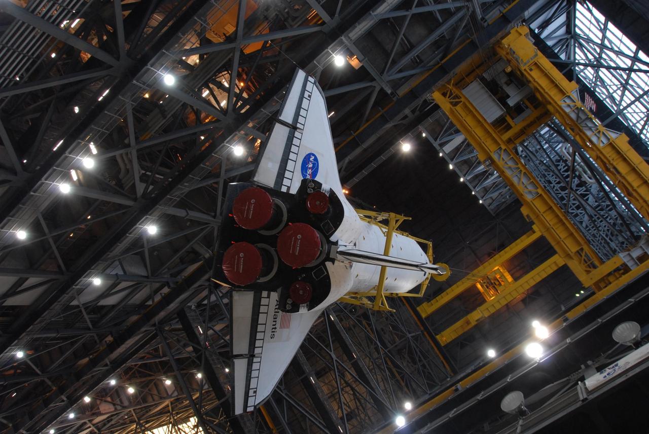 KENNEDY SPACE CENTER, FLA. -- Space shuttle Atlantis is lifted into the upper levels of the Vehicle Assembly Building at NASA's Kennedy Space Center. Atlantis will be lifted into high bay 3 and mated with the external tank and solid rocket boosters designated for mission STS-122, already secured atop a mobile launcher platform. On this mission, Atlantis will deliver the Columbus module to the International Space Station. The European Space Agency's largest contribution to the station, Columbus is a multifunctional, pressurized laboratory that will be permanently attached to U.S. Node 2, called Harmony. The module is approximately 23 feet long and 15 feet wide, allowing it to hold 10 large racks of experiments. The laboratory will expand the research facilities aboard the station, providing crew members and scientists from around the world the ability to conduct a variety of experiments in the physical, materials and life sciences. Mission STS-122 is targeted for launch on Dec. 6. Photo credit: NASA/George Shelton
