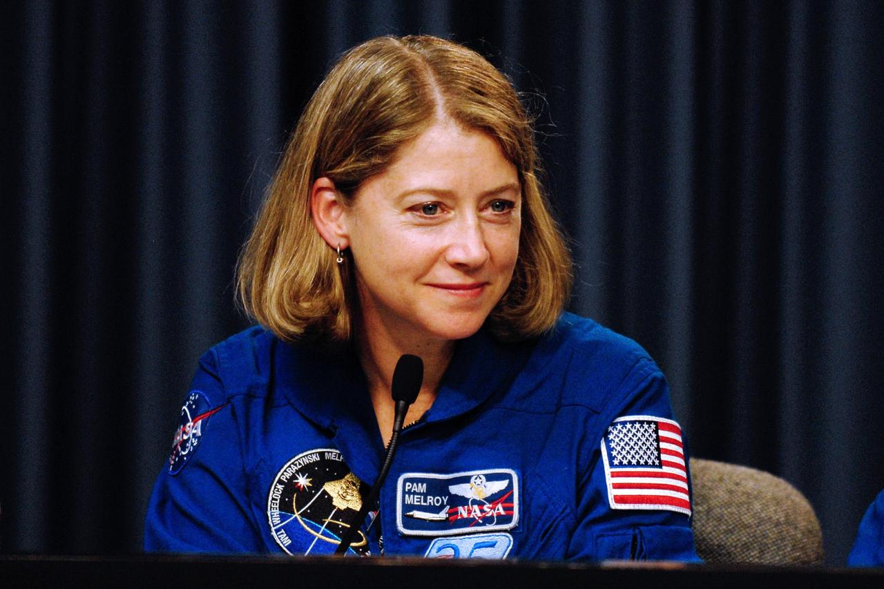 KENNEDY SPACE CENTER, FLA. --   STS-120 Commander Pamela Melroy takes part in a news conference after the crew's successful landing aboard space shuttle Discovery at NASA's Kennedy Space Center.    The crew completed a 15-day mission to the International Space Station with a smooth landing on Runway 33.  Main gear touchdown was 1:01:16 p.m.  Wheel stop was at 1:02:07 p.m.  Mission elapsed time was 15 days, 2 hours, 24 minutes and 2 seconds.  Mission STS-120 continued the construction of the station with the installation of the Harmony Node 2 module and the relocation of the P6 truss. Photo credit: NASA/Kim Shiflett