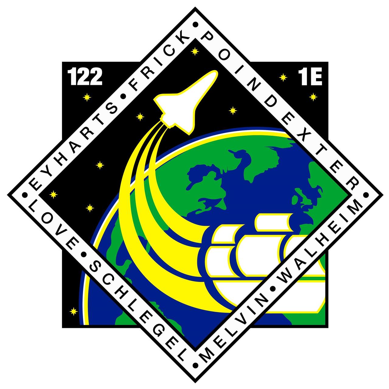 JOHNSON SPACE CENTER, Houston --  STS122-S-001A -- The STS-122 patch depicts the continuation of the voyages of the early explorers to today's frontier, space.  The ship denotes the travels of the early expeditions from the east to the west.  The space shuttle shows the continuation of that journey along the orbital path from west to east.  A little more than 500 years after Columbus sailed to the new world, the STS-122 crew will bring the European laboratory module "Columbus" to the International Space Station to usher in a new era of scientific discovery.  The NASA insignia design for space shuttle flights is reserved for use by the astronauts and for other official use as the NASA Administrator may authorize.  Public availability has been approved only in the form of illustrations by the various news media.  When and if there is any change in this policy, it will be publicly announced.