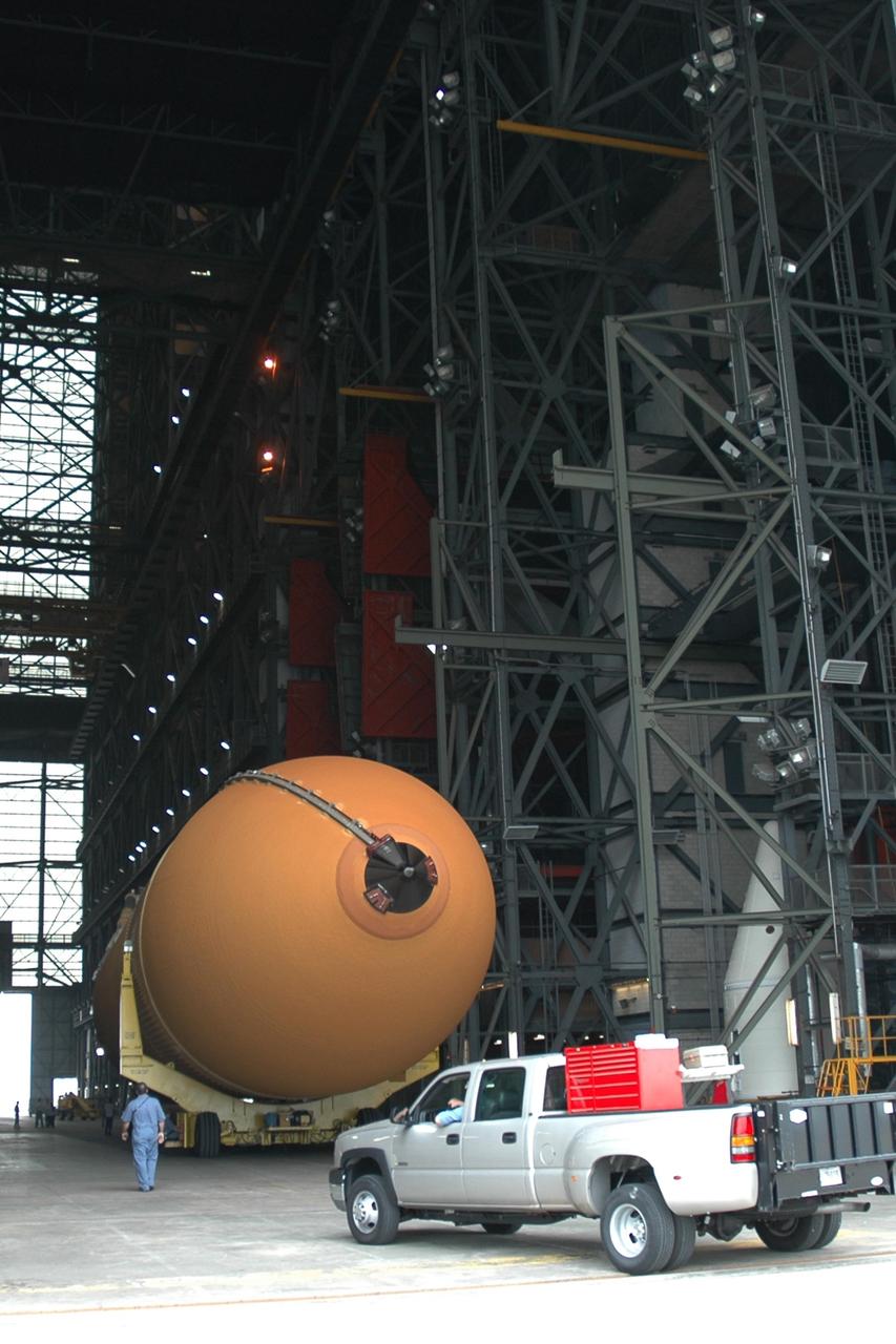 KENNEDY SPACE CENTER, FLA. -- The external tank for space shuttle Endeavour's STS-123 mission is moved into the transfer aisle of the Vehicle Assembly Building. The tank was shipped from NASA's Michoud Assembly Facility near New Orleans aboard the Pegasus barge. Endeavour is targeted for launch to the International Space Station on Feb. 14. Photo credit: NASA/Jim Grossmann