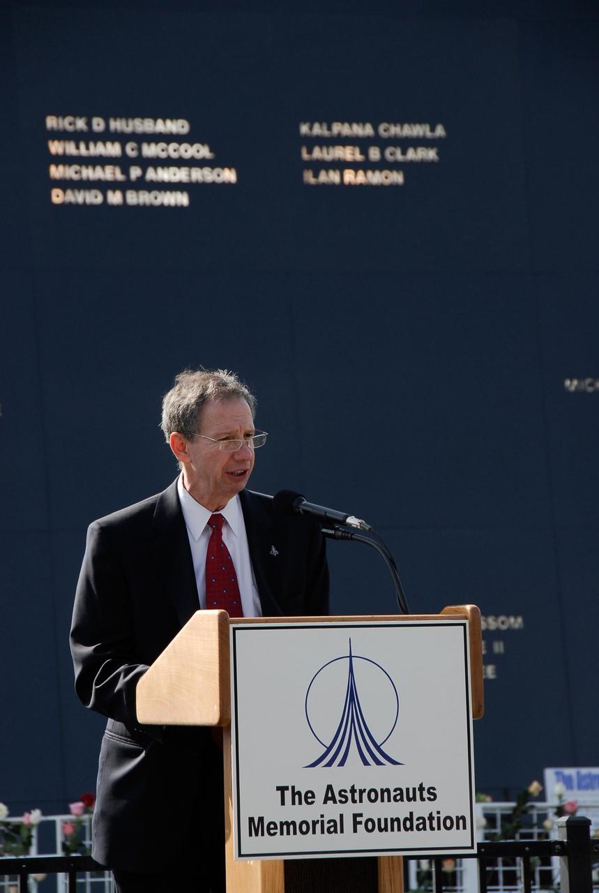 KENNEDY SPACE CENTER, FLA. -- In a special commemorative service held at NASA's Kennedy Space Center Visitor Complex to honor NASA's fallen heroes, NASA Administrator Michael Griffin speaks to guests gathered at the Space Mirror Memorial.  Kennedy marked the NASA Day of Remembrance with special ceremonies.  This year the crew of Columbia was remembered in a special way on the day that marked the fifth anniversary of the Columbia accident.   Photo credit: NASA/Kim Shiflett