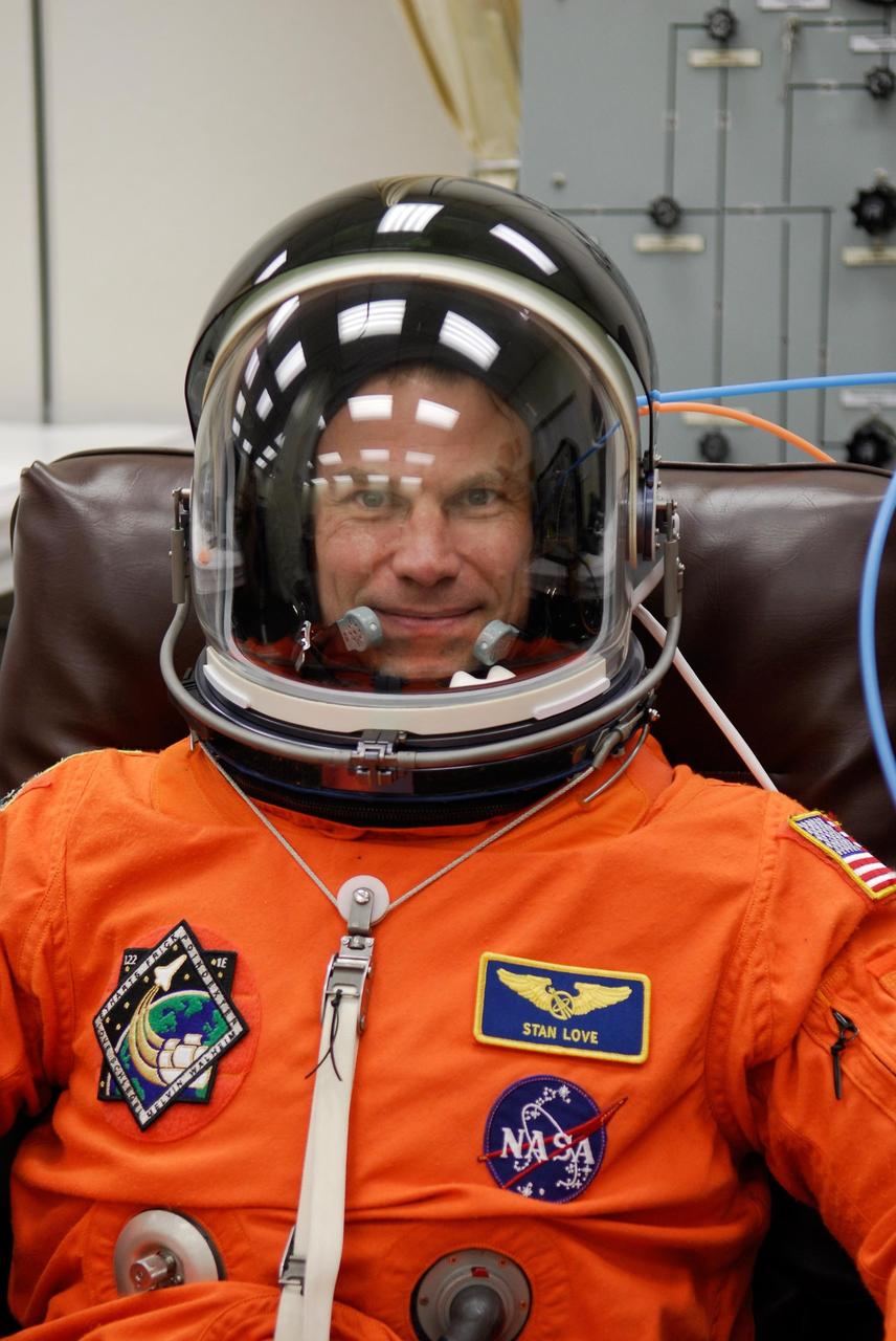 KENNEDY SPACE CENTER, FLA. --Mission Specialist Stanley Love is suited and ready to head for Launch Pad 39A and liftoff of space shuttle Atlantis on the STS-122 mission. The launch, scheduled for 2:45 p.m. EST, will be the third attempt for Atlantis since December 2007 to carry the European Space Agency's Columbus laboratory to the International Space Station. During the 11-day mission, the crew's prime objective is to attach the laboratory to the Harmony module, adding to the station's size and capabilities. Photo credit: NASA/Kim Shiflett