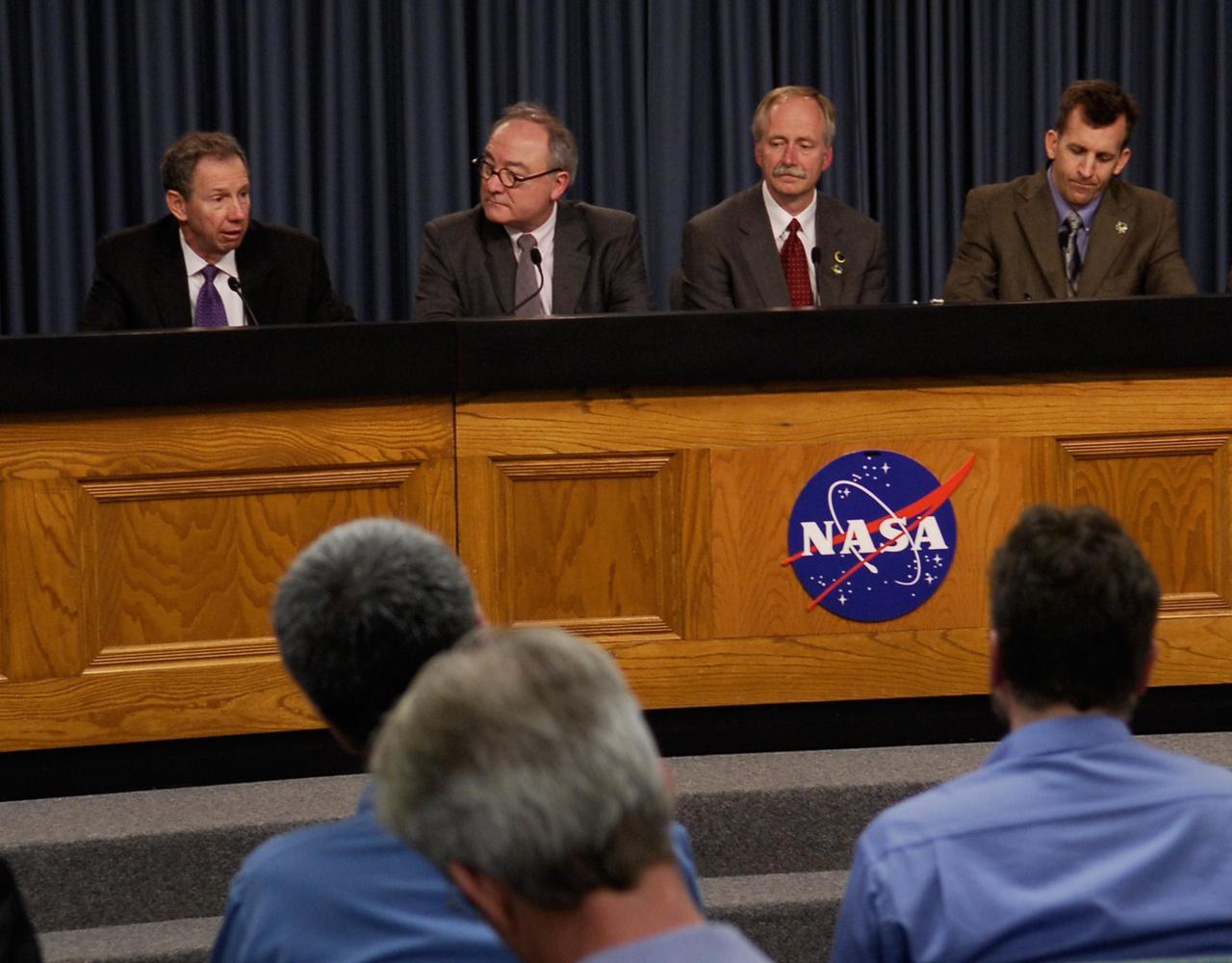KENNEDY SPACE CENTER, FLA. --  Following the successful launch of space shuttle Atlantis on mission STS-122, NASA Administrator Michael Griffin tells the media at a news conference that the European Space Agency's (ESA) Columbus laboratory will bring a truly international capability to the International Space Station.  Also seen on the dais are ESA's Director General Jean-Jacques Dordain, Associate Administrator for Space Operations Bill Gerstenmaier and Director of Mission Launch Integration LeRoy Cain.  Not pictured but present at the conference is STS-122 Launch Director Doug Lyons.  During the 11-day mission, the crew's prime objective is to attach the Columbus laboratory to the Harmony module, adding to the station's size and capabilities.   Photo credit: NASA/Kim Shiflett