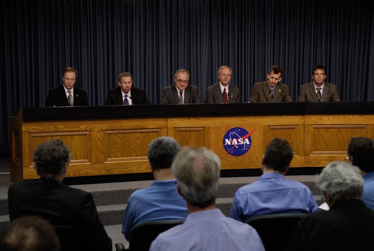 KENNEDY SPACE CENTER, FLA. -- Following the successful launch of space shuttle Atlantis on mission STS-122, NASA VIPs appear at a news conference to give their views about the launch and mission. From left are NASA Assistant Administrator for Public Affairs David Mould, NASA Administrator Michael Griffin, European Space Agency Director General Jean-Jacques Dordain, Associate Administrator for Space Operations Bill Gerstenmaier, Director of Mission Launch Integration LeRoy Cain and STS-122 Launch Director Doug Lyons. During the 11-day mission, the crew's prime objective is to attach the Columbus laboratory to the Harmony module, adding to the station's size and capabilities. Photo credit: NASA/Kim Shiflett
