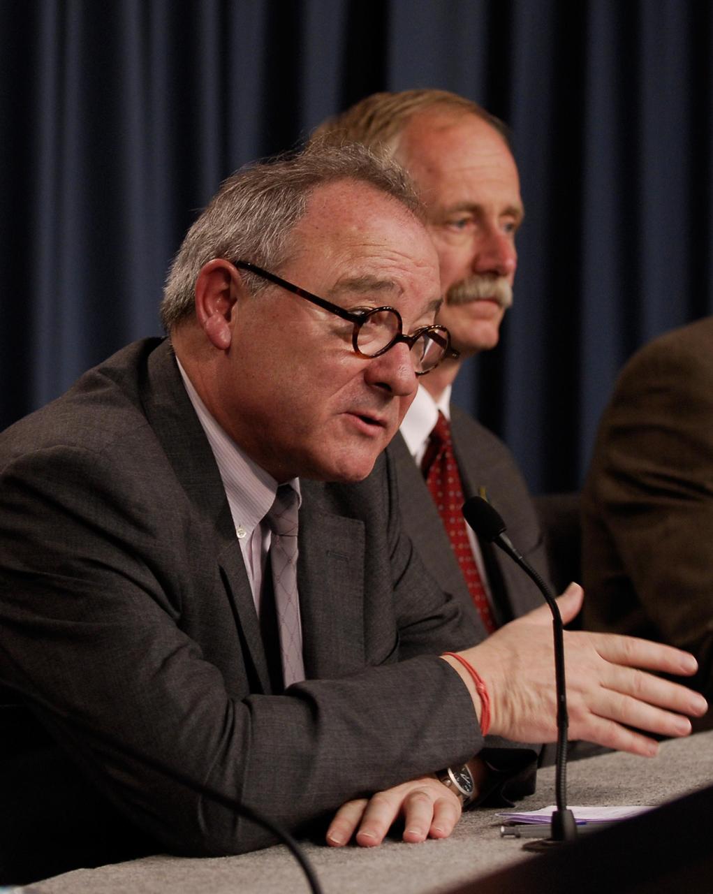 KENNEDY SPACE CENTER, FLA. --  Following the successful launch of space shuttle Atlantis on mission STS-122, European Space Agency Director General Jean-Jacques Dordain states that the launch ensures ESA is a capable partner in the International Space Station. Behind Dordain is Associate Administrator for Space Operations Bill Gerstenmaier.  During the 11-day mission, the crew's prime objective is to attach the Columbus laboratory to the Harmony module, adding to the station's size and capabilities.   Photo credit: NASA/Kim Shiflett