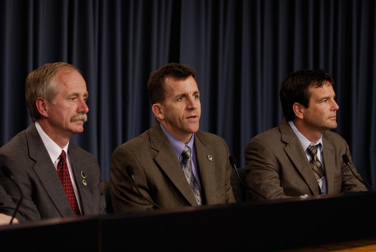 KENNEDY SPACE CENTER, FLA. -- Following the successful launch of space shuttle Atlantis on mission STS-122, NASA VIPs appear at a news conference to give their views about the launch and mission. Seen here are Associate Administrator for Space Operations Bill Gerstenmaier, Director of Mission Launch Integration LeRoy Cain and STS-122 Launch Director Doug Lyons. Also on the dais but not pictured are NASA Administrator Michael Griffin and European Space Agency Director General Jean-Jacques Dordain. During the 11-day mission, the crew's prime objective is to attach the Columbus laboratory to the Harmony module, adding to the station's size and capabilities. Photo credit: NASA/Kim Shiflett
