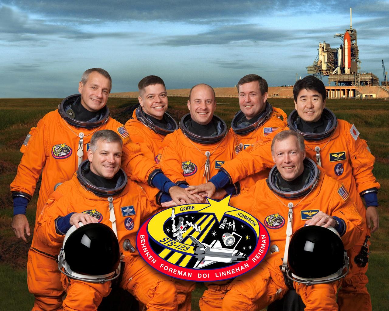 JOHNSON SPACE CENTER, HOUSTON -- STS123-S-002-- These seven astronauts take a break from training to pose for the STS-123 crew portrait.  From the right (front row) are astronauts Dominic L. Gorie, commander, and Gregory H. Johnson, pilot.  From the left (back row) are astronauts Richard M. Linnehan, Robert L. Benken, Garrett E. Reisman, Michael J. Foreman and Japan Aerospace Exploration Agency's (JAXA) Takao Doi, all mission specialists.  Reisman is scheduled to join Expedition 16 as flight engineer after launching to the International Space Station on mission STS-123.  The crewmembers are attired in training versions of their shuttle launch and entry suits.