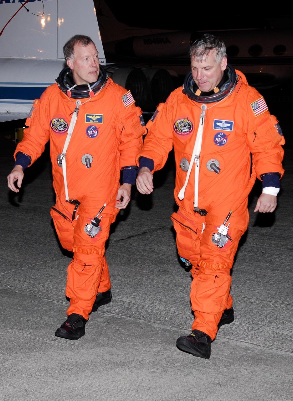KENNEDY SPACE CENTER, FLA. -- At NASA Kennedy Space Center's Shuttle Landing Facility, STS-123 Commander Dominic Gorie , left, and Pilot Gregory H. Johnson head for crew quarters following a practice session of space shuttle landings aboard NASA's Shuttle Training Aircraft, or STAs.  The STA is a Grumman American Aviation-built Gulf Stream II jet that was modified to simulate an orbiter's cockpit, motion and visual cues, and handling qualities. In flight, the STA duplicates the orbiter's atmospheric descent trajectory from approximately 35,000 feet altitude to landing on a runway. Because the orbiter is unpowered during re-entry and landing, its high-speed glide must be perfectly executed the first time.  The crew for space shuttle Endeavour's STS-123 mission is at Kennedy for a full launch dress rehearsal, known as the terminal countdown demonstration test or TCDT.  The terminal countdown demonstration test provides astronauts and ground crews with an opportunity to participate in various simulated countdown activities, including equipment familiarization and emergency training. Endeavour is targeted to launch March 11 at 2:28 a.m. EDT on a 16-day mission to the International Space Station. On the mission, Endeavour and its crew will deliver the first section of the Japan Aerospace Exploration Agency's Kibo laboratory and the Canadian Space Agency's two-armed robotic system, Dextre. Photo credit: NASA/Kim Shiflett