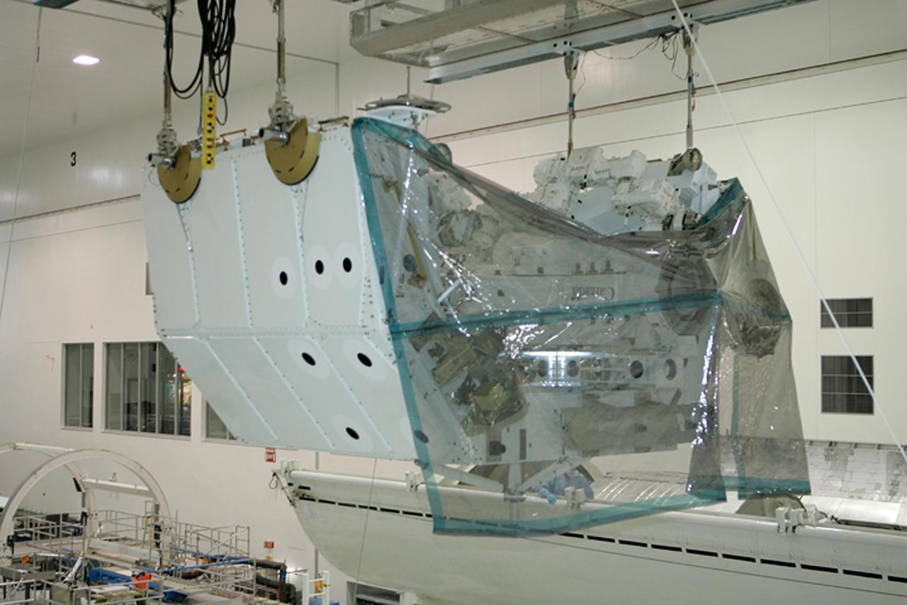 KENNEDY SPACE CENTER, FLA. -- In the Space Station Processing Facility at NASA's Kennedy Space Center, the Special Purpose Dexterous Manipulator, known as Dextre, moves closer to the payload canister where it will be installed for transfer to Launch Pad 39A. Dextre is a sophisticated dual-armed robot, which is part of Canada's contribution to the International Space Station. Along with Canadarm2, which is called the Space Station Remote Manipulator System, and a moveable work platform called the Mobile Base System, these three elements form a robotic system called the Mobile Servicing System. The three components have been designed to work together or independently. Dextre is part of the payload on space shuttle Endeavour's STS-123 mission, targeted for launch March 11. Photo courtesy of The Boeing Company