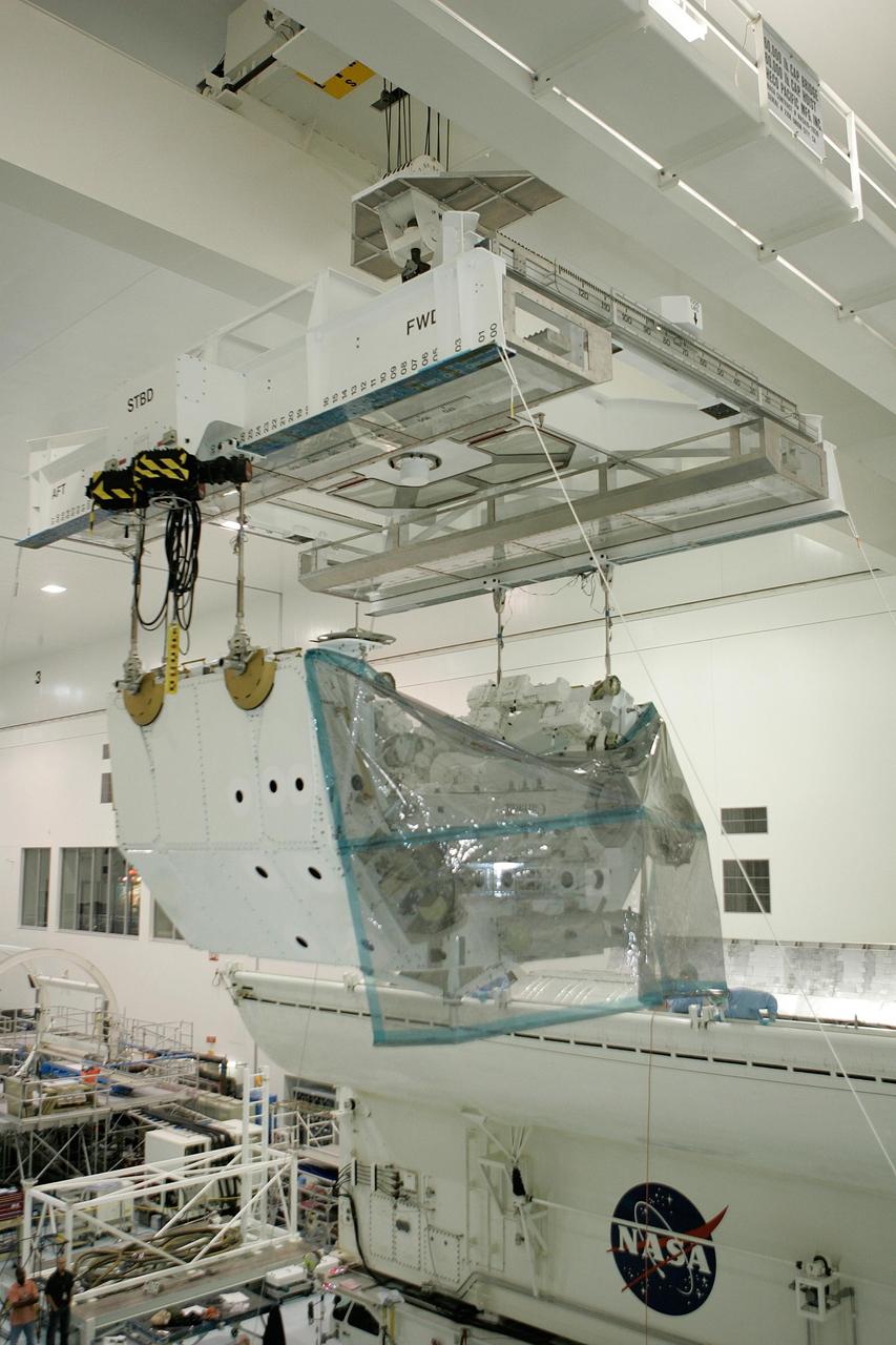 KENNEDY SPACE CENTER, FLA. -- In the Space Station Processing Facility at NASA's Kennedy Space Center, the Special Purpose Dexterous Manipulator, known as Dextre, moves nearer to the payload canister where it will be installed for transfer to Launch Pad 39A. Dextre is a sophisticated dual-armed robot, which is part of Canada's contribution to the International Space Station. Along with Canadarm2, which is called the Space Station Remote Manipulator System, and a moveable work platform called the Mobile Base System, these three elements form a robotic system called the Mobile Servicing System. The three components have been designed to work together or independently. Dextre is part of the payload on space shuttle Endeavour's STS-123 mission, targeted for launch March 11. Photo courtesy of The Boeing Company