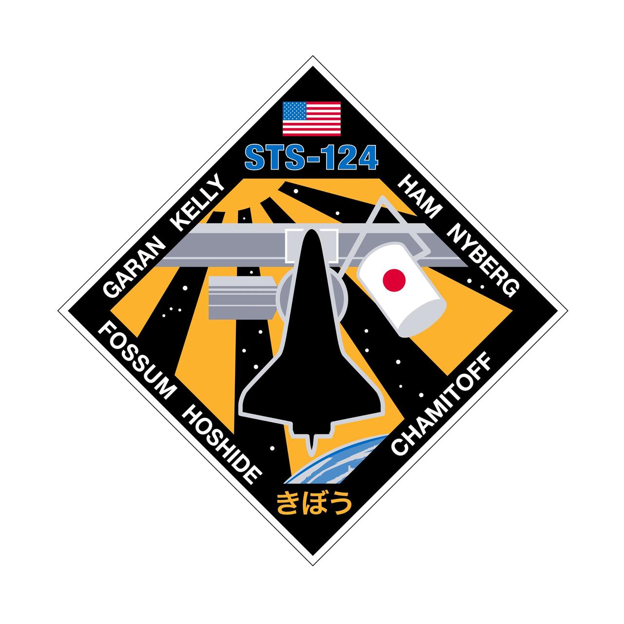 JOHNSON SPACE CENTER, Houston ---   STS124-S-001 --- The STS-124/1J patch depicts the Space Shuttle Discovery docked with the International Space Station (ISS). STS-124/1J is dedicated to delivering and installing the Japanese Experiment Module (JEM) known as Kibo (Hope) to the ISS. The significance of the mission and the Japanese contribution to the ISS is recognized by the Japanese flag depicted on the JEM Pressurized Module (JPM) and the word Kibo written in Japanese at the bottom of the patch. The view of the sun shining down upon the Earth represents the increased "hope" that the entire world will benefit from the JEM's scientific discoveries. The JPM will be the largest habitable module on the ISS and is equipped with its own airlock and robotic arm for external experiments. In addition to delivering and installing the JPM, the STS-124 crew will relocate the JEM Logistics Pressurized (JLP) module to its permanent home on the zenith side of the JPM. During three planned space walks, the crew will perform external ISS maintenance and JPM outfitting, as well as extensive robotic operations by the ISS, space shuttle, and JEM robotic arms. It will be the first time that three different robotic arms will be operated during a single space flight mission. The NASA insignia design for shuttle flights is reserved for use by the astronauts and for other official use as the NASA Administrator may authorize. Public availability has been approved only in the form of illustrations by the various news media. When and if there is any change in this policy, which is not anticipated, it will be publicly announced.