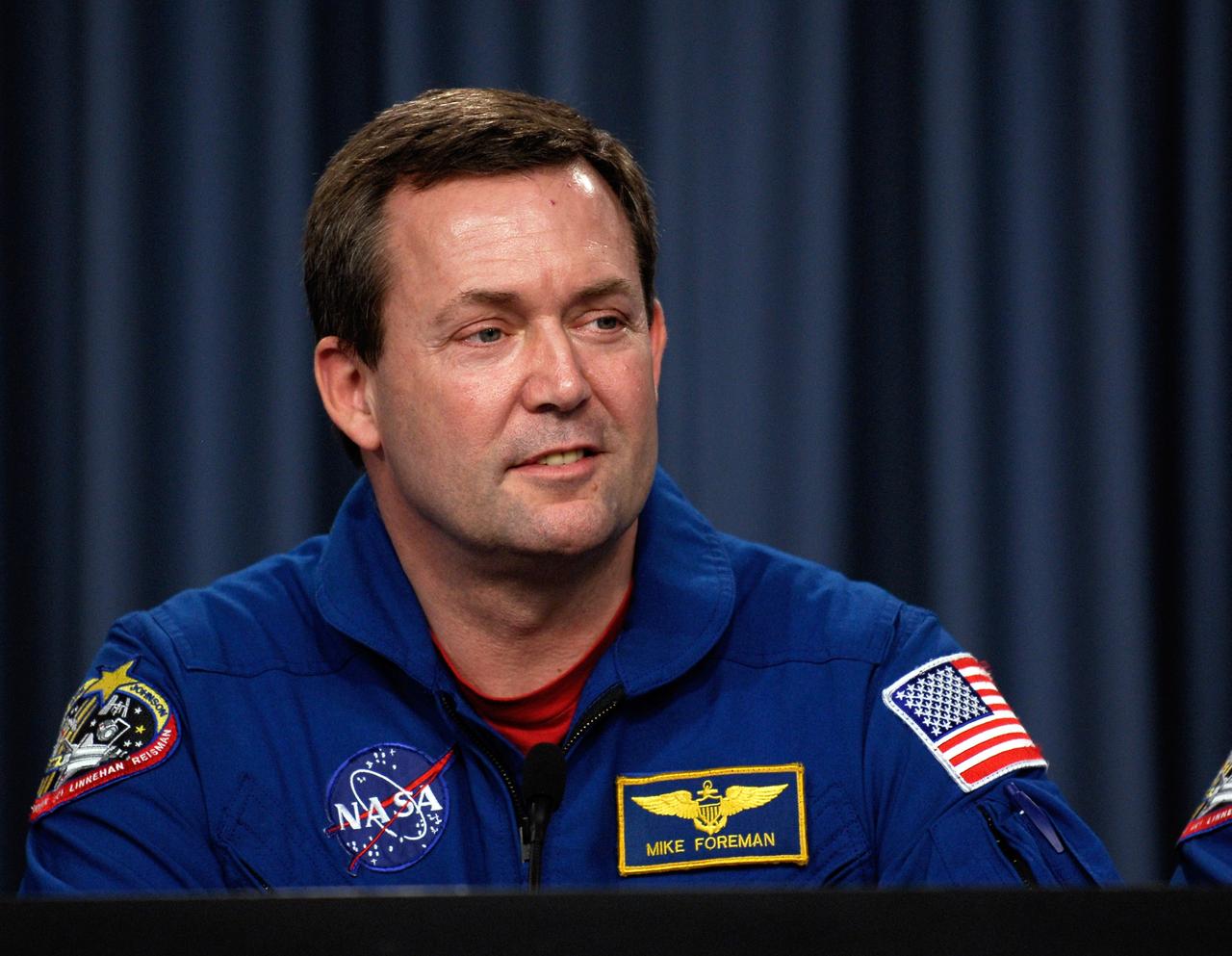 CAPE CANAVERAL, Fla. ---  STS-123 Mission Specialist Mike Foreman talks to the media about his experiences on the mission to the International Space Station.  The crew landed at Kennedy aboard space shuttle Endeavour at 8:39 p.m. EDT March 26.   Endeavour's 16-day flight was the longest shuttle mission to the International Space Station and included a record five spacewalks. The shuttle's seven astronauts worked with the three-member station crew and ground teams around the world to install the first section of the Japan Aerospace Exploration Agency's Kibo laboratory and the Canadian Space Agency's two-armed robotic system, known as Dextre.  Photo credit: NASA/Kim Shiflett