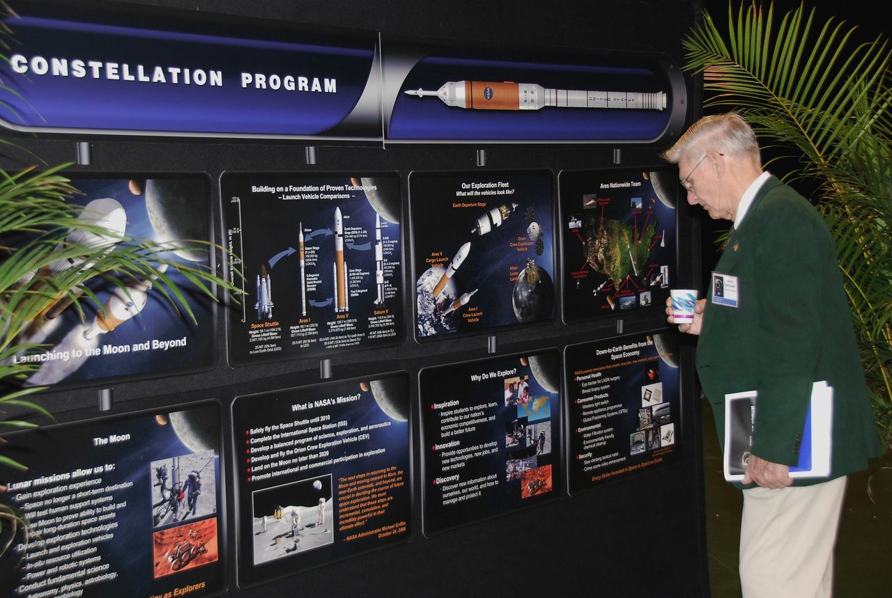 CAPE CANAVERAL, Fla. -- This display of NASA’s Constellation Program was part of a daylong event commemorating the agency’s 50th anniversary during a Future Forum in Miami that focused on how space exploration benefits Florida's economy.   The event, which included presentations and panels, was held at the University of Miami's BankUnited Center.  Among those participating were NASA Deputy Administrator Shana Dale, astronaut Carl Walz, director of the Advanced Capabilities Division in NASA's Exploration Systems Mission Directorate, and Russell Romanella, director, International Space Station and Spacecraft Processing.   Photo credit: NASA/Kim Shiflett