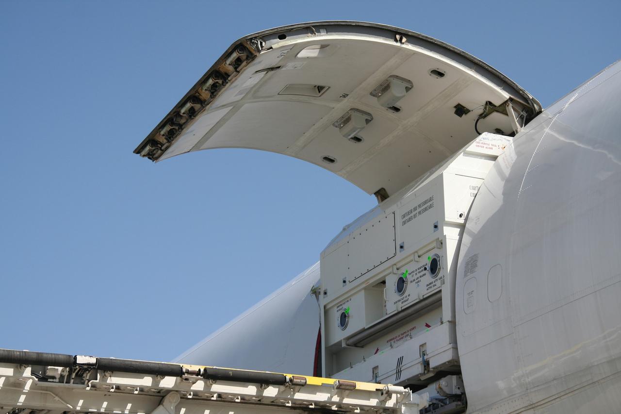 VANDENBERG AIR FORCE BASE, Calif.  –   The shipping container with the OSTM/Jason-2 spacecraft inside is offloaded from the aircraft at Vandenberg Air Force Base in California.  The OSTM, or Ocean Topography Mission, on the Jason-2 satellite is a follow-on to Jason-1. It will take oceanographic studies of sea surface height into an operational mode for continued climate forecasting research and science and industrial applications.  This satellite altimetry data will help determine ocean circulation, climate change and sea-level rise. OSTM is a joint effort by the National Oceanic and Atmospheric Administration, NASA, France’s Centre National d’Etudes Spatiales and the European Meteorological Satellite Organisation. OSTM/Jason-2 will be launched aboard a United Launch Alliance Delta II 7320 from Vandenberg on June 15. Photo credit: NASA/Steve Greenberg, JPL
