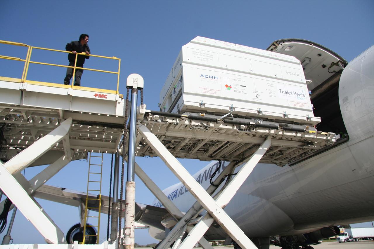 VANDENBERG AIR FORCE BASE, Calif.  –  The shipping container with the OSTM/Jason-2 spacecraft inside is offloaded from the aircraft at Vandenberg Air Force Base in California.  The OSTM, or Ocean Topography Mission, on the Jason-2 satellite is a follow-on to Jason-1. It will take oceanographic studies of sea surface height into an operational mode for continued climate forecasting research and science and industrial applications.  This satellite altimetry data will help determine ocean circulation, climate change and sea-level rise. OSTM is a joint effort by the National Oceanic and Atmospheric Administration, NASA, France’s Centre National d’Etudes Spatiales and the European Meteorological Satellite Organisation. OSTM/Jason-2 will be launched aboard a United Launch Alliance Delta II 7320 from Vandenberg on June 15.  Photo credit: NASA/Steve Greenberg, JPL