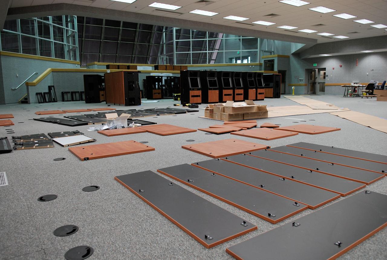 CAPE CANAVERAL, Fla. -- In Firing Room No. 1 in the Launch Control Center at NASA's Kennedy Space Center, panels stretch across the floor in preparation for erecting equipment racks. The firing room will support the future Ares rocket launches as part of the Constellation Program. Future astronauts will ride to orbit on Ares I, which uses a single five-segment solid rocket booster, a derivative of the space shuttle's solid rocket booster, for the first stage. Ares will be launched from Pad 39B, which is being reconfigured from supporting space shuttle launches. The Launch Control Center firing rooms face the launch pads. Photo credit: NASA/Kim Shiflett