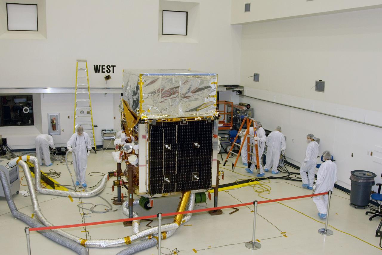 CAPE CANAVERAL, Fla. --   At the Astrotech payload processing facility in Titusville, Fla., NASA's Gamma-ray Large Area Space Telescope, or GLAST, spacecraft is being prepared for its move to the Hazardous Processing Facility for fueling. The GLAST is a powerful space observatory that will explore the universe's ultimate frontier, where nature harnesses forces and energies far beyond anything possible on Earth;  probe some of science's deepest questions, such as what our Universe is made of, and search for new laws of physics; explain how black holes accelerate jets of material to nearly light speed; and help crack the mystery of stupendously powerful explosions known as gamma-ray bursts. A launch date is still to be determined.  Photo credit: NASA/Mike Kerley