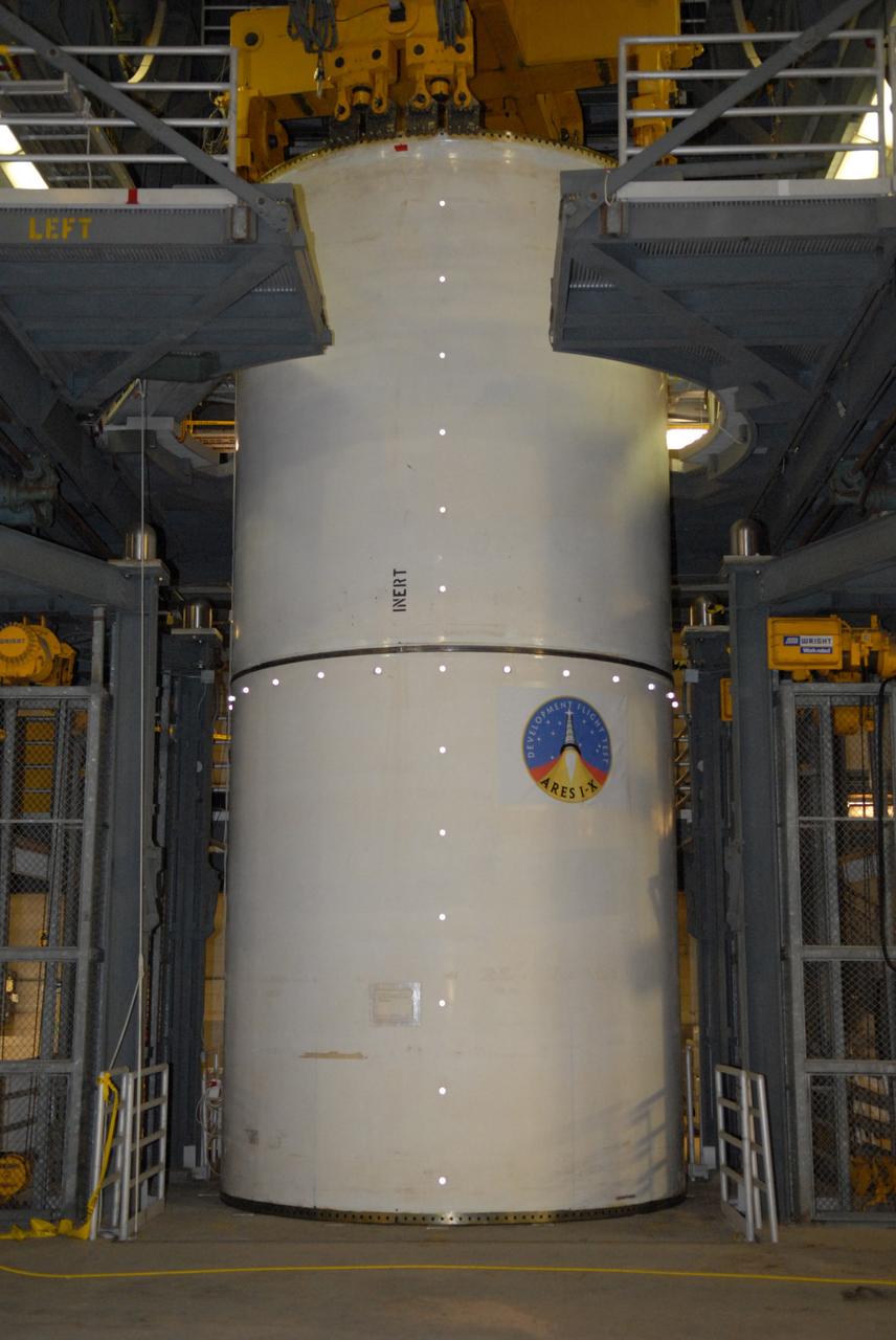 CAPE CANAVERAL, Fla. --  Vibration and laser testing is being conducted on Ares I-X segments at NASA's Kennedy Space Center.  Here, the Inert Solid Rocket Motor Segment is configured with targets both vertically and horizontally in attempts to validate the predicted “Shell Modes” during the actual Modal Testing.  Photo credit: NASA/Dimitri Gerondidakis