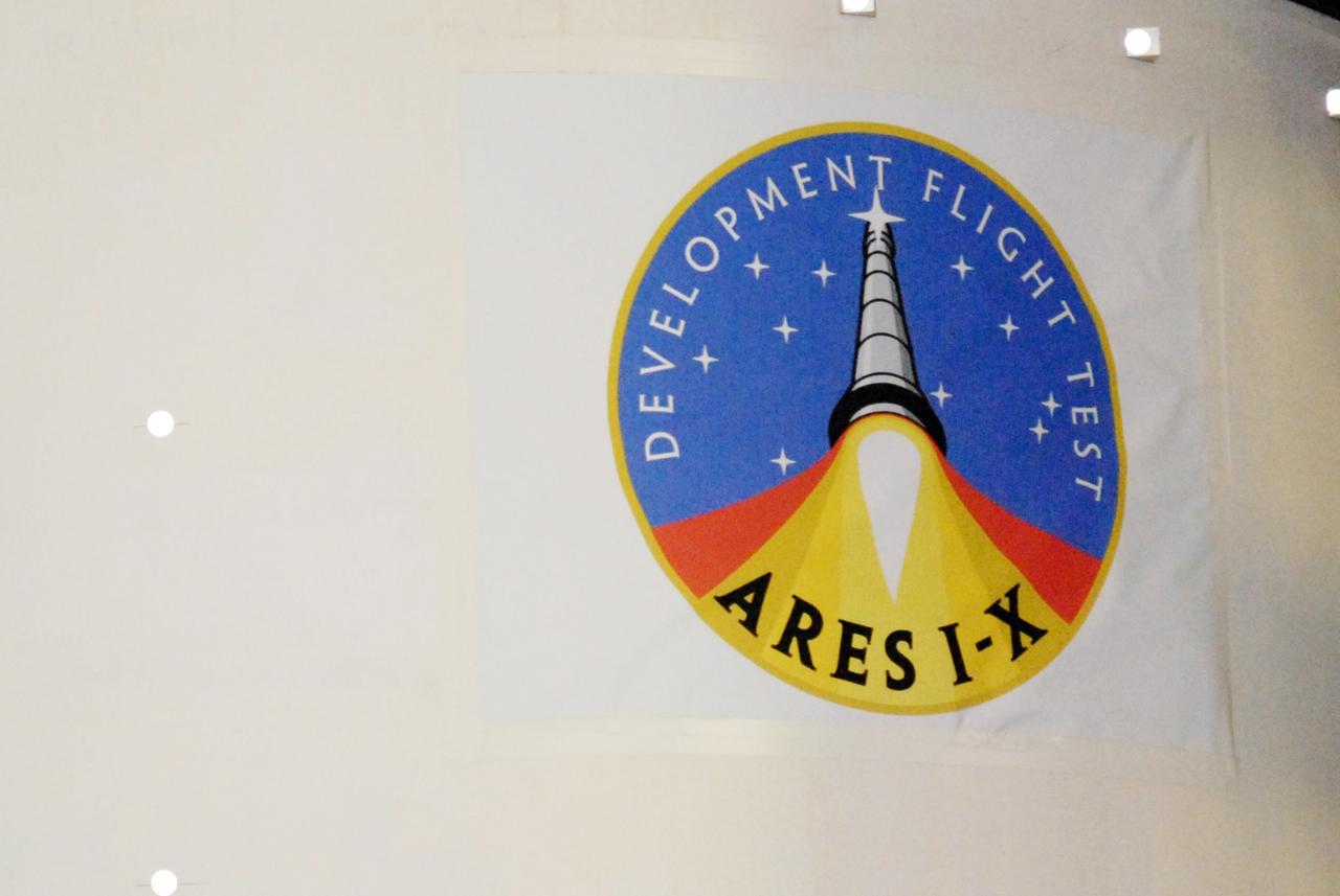 CAPE CANAVERAL, Fla. --  Vibration and laser testing is being conducted on Ares I-X segments at NASA's Kennedy Space Center.  Here, is a closeup of a special Ares I-X Logo,  supplied by Jon Cowart of NASA Constellation, that the Inert Solid Rocket Motor Segment has received for the Modal Test.  Photo credit: NASA/Dimitri Gerondidakis