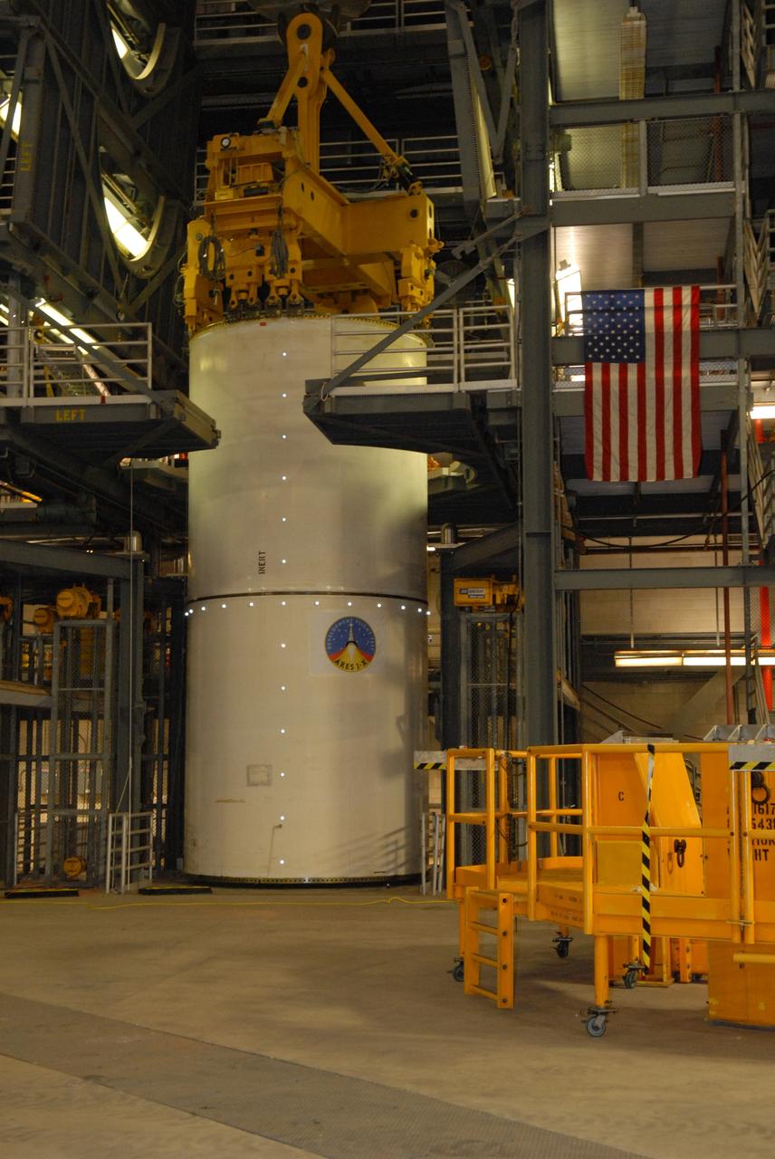 CAPE CANAVERAL, Fla. -- Vibration and laser testing is being conducted on Ares I-X segments at NASA's Kennedy Space Center. Here, actual modal testing is being performed on the Inert Solid Rocket Motor Segment while suspended from the 250-ton overhead crane in the Vehicle Assembly Building. Photo credit: NASA/Dimitri Gerondidakis