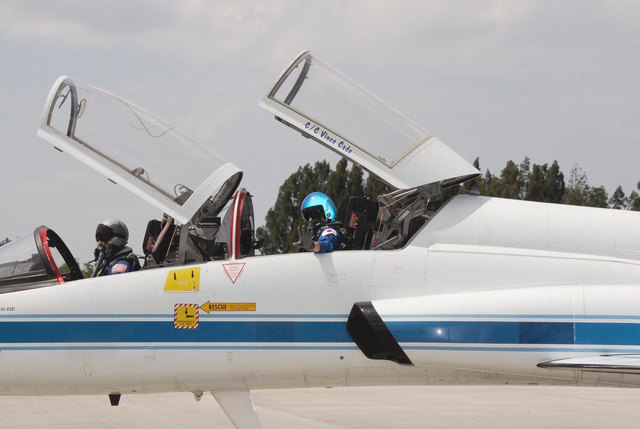 CAPE CANAVERAL, Fla. -- Two of the crewmembers for the STS-124 mission, Pilot Ken Ham and Mission Specialist Akihiko Hoshide, depart NASA's Kennedy Space Center in a T-38 training jet after a successful launch dress rehearsal called the terminal countdown demonstration test. The crew is expected to return in late May for the May 31 launch of space shuttle Discovery. On the STS-124 mission, the crew will deliver and install the Japanese Experiment Module – Pressurized Module and Japanese Remote Manipulator System. Photo credit: NASA/Kim Shiflett