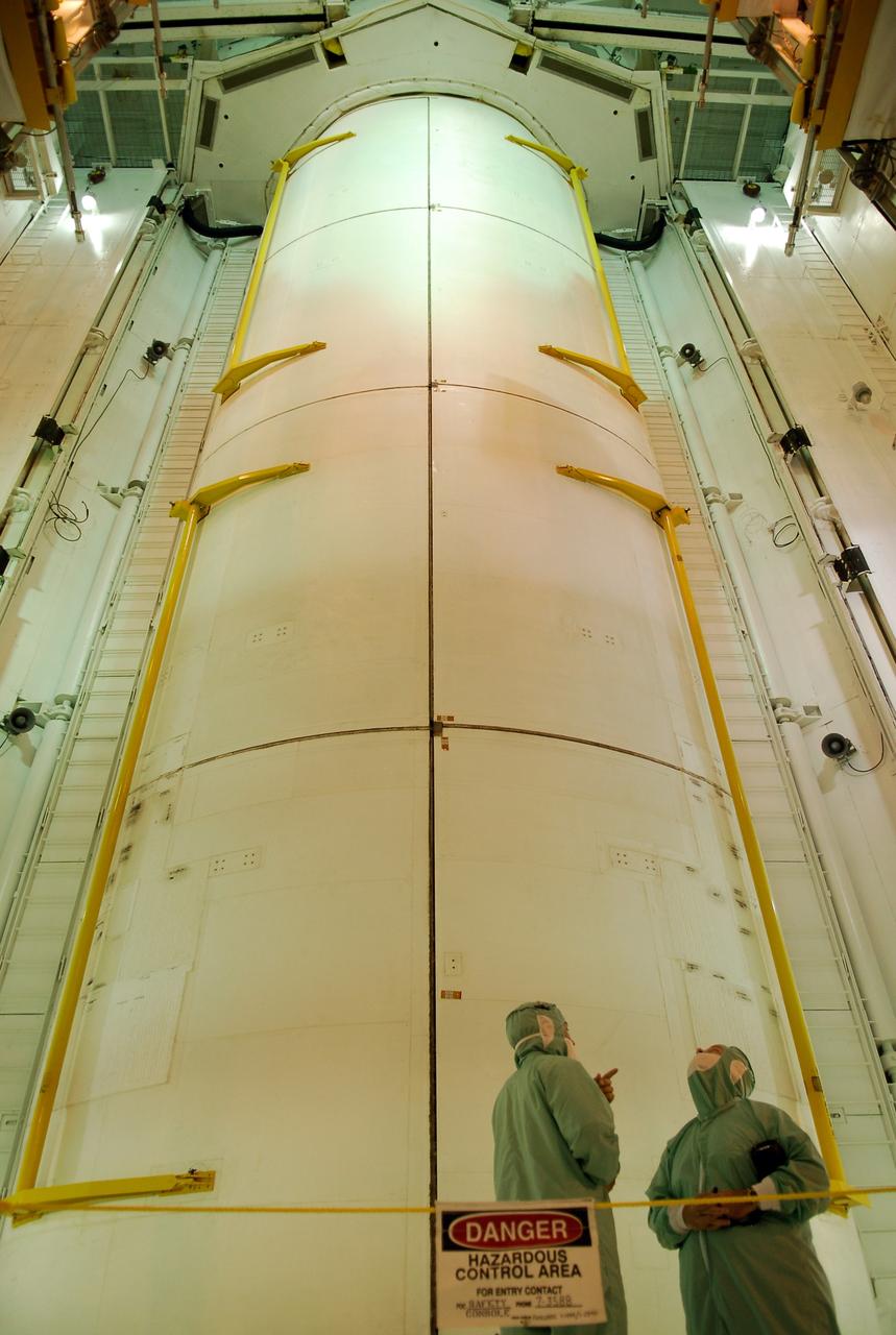 CAPE CANAVERAL, Fla. --  On Launch Pad 39A at NASA's Kennedy Space Center, space shuttle Discovery's  payload bay doors have successfully closed around the Japanese Experiment Module—Pressurized Module. The launch of Discovery on its STS-124 mission is targeted for May 31.  On the mission, Discovery will transport the pressurized module and the Japanese Remote Manipulator System to the International Space Station.  Photo credit: NASA/Kim Shiflett