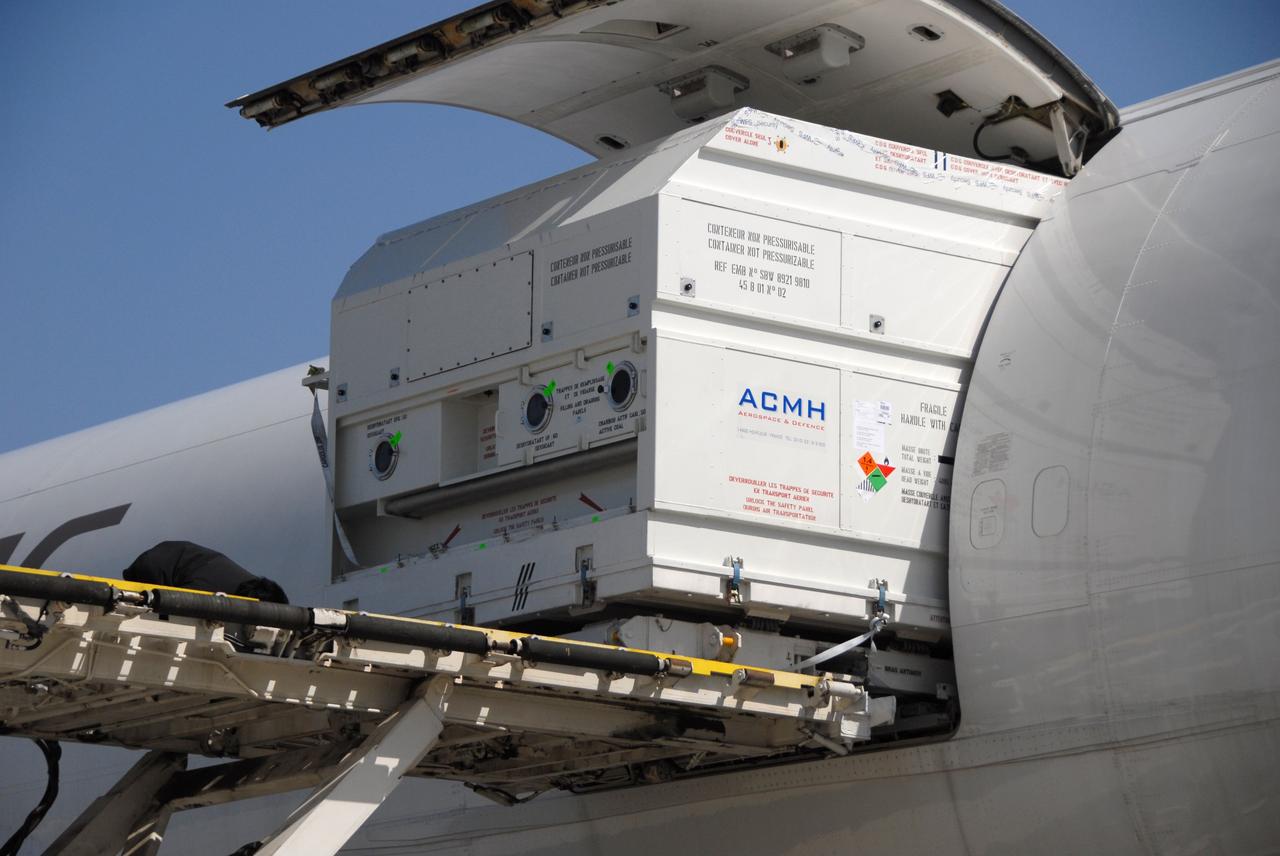 VANDENBERG AIR FORCE BASE, Calif. --   The shipping container with the OSTM/Jason-2 spacecraft inside is offloaded from the aircraft at Vandenberg Air Force Base in California. The OSTM, or Ocean Topography Mission, on the Jason-2 satellite is a follow-on to Jason-1. It will take oceanographic studies of sea surface height into an operational mode for continued climate forecasting research and science and industrial applications.  This satellite altimetry data will help determine ocean circulation, climate change and sea-level rise. OSTM is a joint effort by the National Oceanic and Atmospheric Administration, NASA, France’s Centre National d’Etudes Spatiales and the European Meteorological Satellite Organisation. OSTM/Jason-2 will be launched aboard a United Launch Alliance Delta II 7320 from Vandenberg on June 15.  Photo credit: NASA/Dan Liberotti
