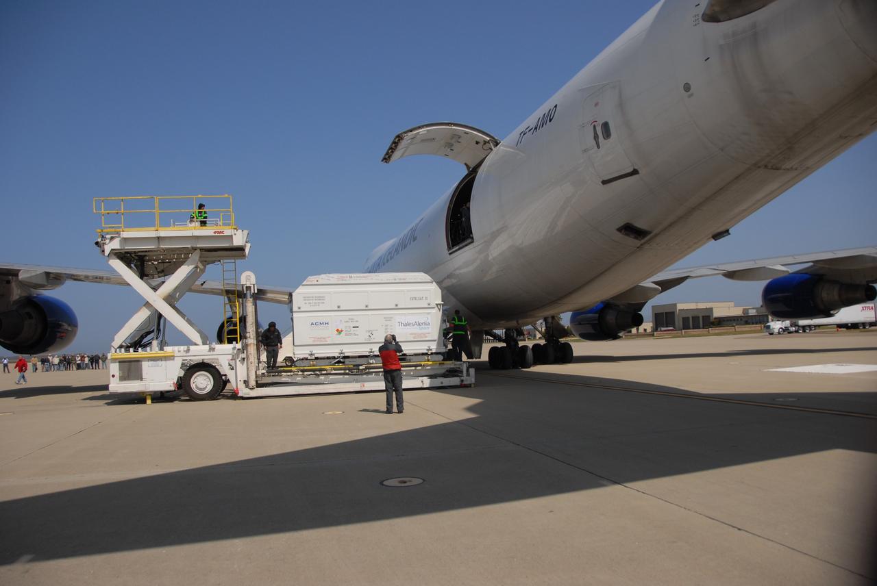 VANDENBERG AIR FORCE BASE, Calif. --   The shipping container with the OSTM/Jason-2 spacecraft inside is offloaded from the aircraft at Vandenberg Air Force Base in California. The OSTM, or Ocean Topography Mission, on the Jason-2 satellite is a follow-on to Jason-1. It will take oceanographic studies of sea surface height into an operational mode for continued climate forecasting research and science and industrial applications.  This satellite altimetry data will help determine ocean circulation, climate change and sea-level rise. OSTM is a joint effort by the National Oceanic and Atmospheric Administration, NASA, France’s Centre National d’Etudes Spatiales and the European Meteorological Satellite Organisation. OSTM/Jason-2 will be launched aboard a United Launch Alliance Delta II 7320 from Vandenberg on June 15.  Photo credit: NASA/Dan Liberotti