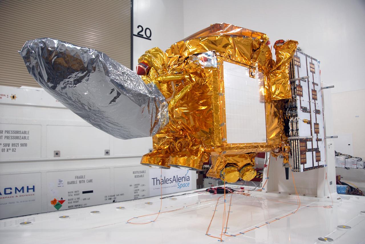 VANDENBERG AIR FORCE BASE, Calif. -- A closeup of the OSTM/Jason-2 spacecraft after removal of the shipping container in the Astrotech processing facility at Vandenberg Air Force Base.   The OSTM, or Ocean Topography Mission, on the Jason-2 satellite is a follow-on to Jason-1. It will take oceanographic studies of sea surface height into an operational mode for continued climate forecasting research and science and industrial applications.  This satellite altimetry data will help determine ocean circulation, climate change and sea-level rise. OSTM is a joint effort by the National Oceanic and Atmospheric Administration, NASA, France’s Centre National d’Etudes Spatiales and the European Meteorological Satellite Organisation. OSTM/Jason-2 will be launched aboard a United Launch Alliance Delta II 7320 from Vandenberg on June 15.  Photo credit: NASA/Mark Mackley