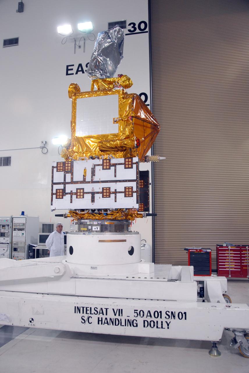 VANDENBERG AIR FORCE BASE, Calif. --  Inside the Astrotech processing facility at Vandenberg Air Force Base, the OSTM/Jason-2 spacecraft is lifted to a vertical position on the tilt dolly.  The OSTM, or Ocean Topography Mission, on the Jason-2 satellite is a follow-on to Jason-1. It will take oceanographic studies of sea surface height into an operational mode for continued climate forecasting research and science and industrial applications.  This satellite altimetry data will help determine ocean circulation, climate change and sea-level rise. OSTM is a joint effort by the National Oceanic and Atmospheric Administration, NASA, France’s Centre National d’Etudes Spatiales and the European Meteorological Satellite Organisation. OSTM/Jason-2 will be launched aboard a United Launch Alliance Delta II 7320 from Vandenberg on June 15.  Photo credit: NASA/Mark Mackley