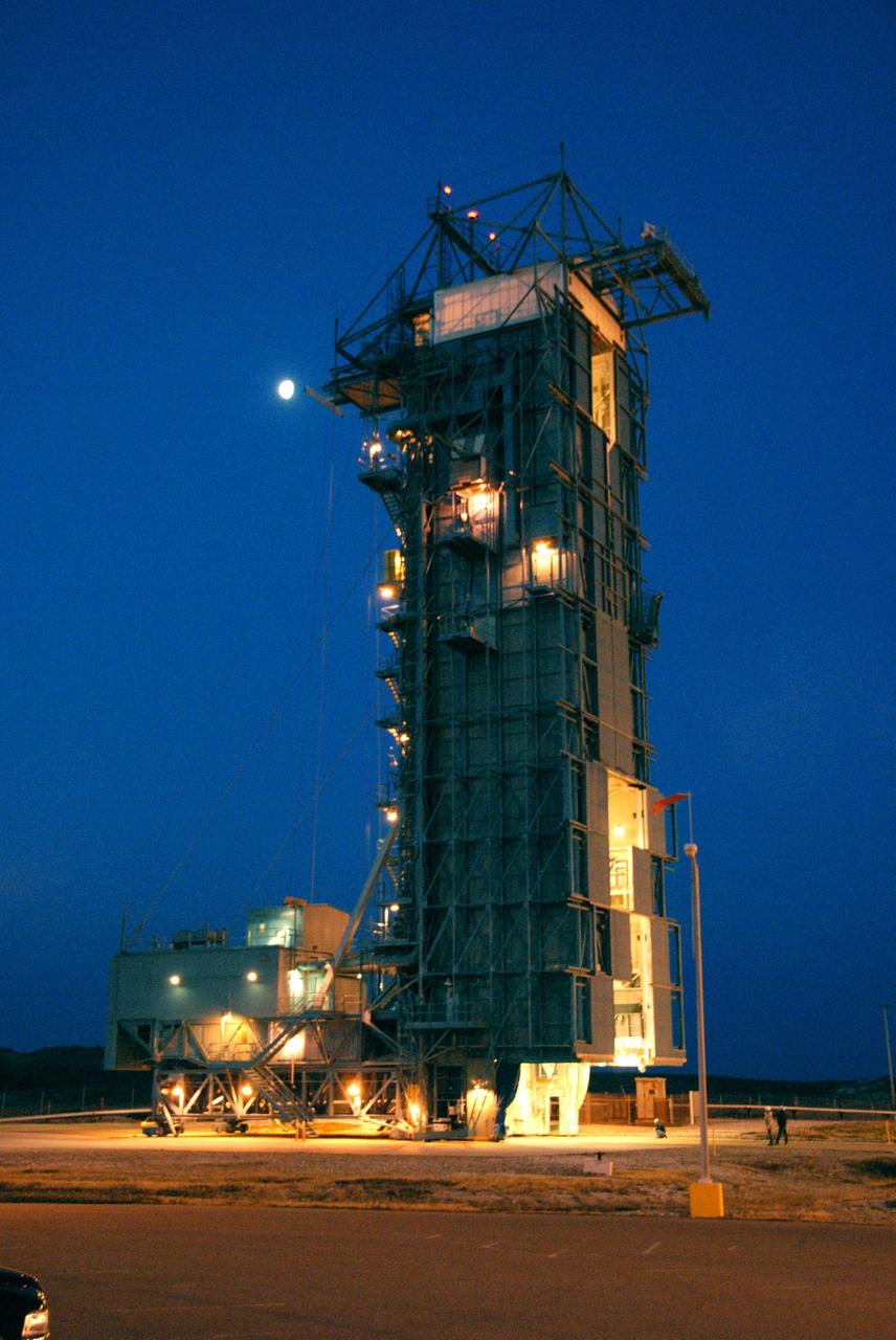 VANDENBERG AIR FORCE BASE, Calif. --   In pre-dawn hours at Vandenberg Air Force Base in California, the mobile service tower/umbilical tower and launcher on Space Launch Complex 2 are being prepared for the arrival of the Delta II first stage for the OSTM/Jason-2 spacecraft.  The OSTM, or Ocean Topography Mission, on the Jason-2 satellite is a follow-on to Jason-1. It will take oceanographic studies of sea surface height into an operational mode for continued climate forecasting research and science and industrial applications.  This satellite altimetry data will help determine ocean circulation, climate change and sea-level rise. OSTM is a joint effort by the National Oceanic and Atmospheric Administration, NASA, France’s Centre National d’Etudes Spatiales and the European Meteorological Satellite Organisation. OSTM/Jason-2 will be launched aboard a United Launch Alliance Delta II 7320 from Vandenberg on June 15.  Photo credit: NASA/Dan Liberotti