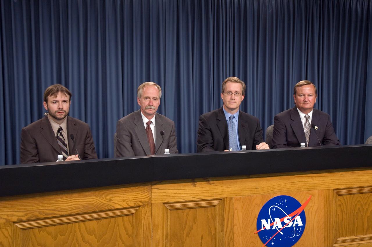 CAPE CANAVERAL, Fla. --  NASA managers take part in a news conference following the Flight Readiness Review at NASA's Kennedy Space Center to discuss the status of the next space shuttle launch.  The meeting assessed preparations for shuttle Discovery's STS-124 mission to the International Space Station. Seated left to right are the moderator, John Yembrick, Associate Administrator for Space Operations Bill Gerstenmaier, Space Shuttle Program Manager John Shannon, and Shuttle Launch Director Mike Leinbach. Gerstenmaier confirmed the launch date of May 31 for the STS-124 mission.  On the mission, the crew will deliver and install the Japanese Experiment Module – Pressurized Module and Japanese Remote Manipulator System.  Photo credit: NASA/Jim Grossmann