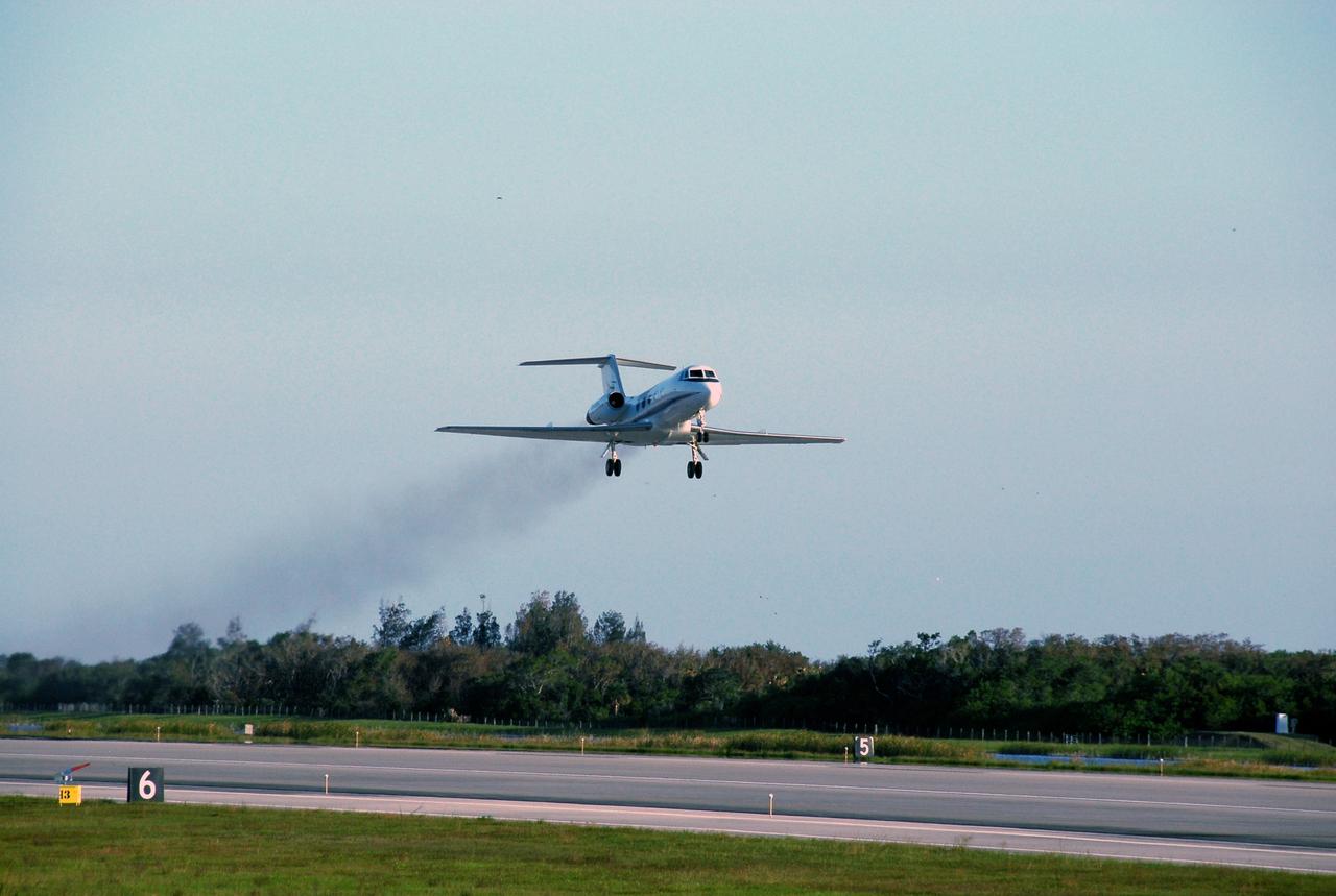 CAPE CANAVERAL, Fla. -- One of the shuttle training aircraft, or STA, takes off from the runway at NASA Kennedy Space Center's Shuttle Landing Facility. Handling the controls is the commander of the STS-124 mission, Mark Kelly, who will practice landing the shuttle. The STA is a Grumman American Aviation-built Gulf Stream II jet that was modified to simulate an orbiter's cockpit, motion and visual cues, and handling qualities. In flight, the aircraft duplicates the orbiter's atmospheric descent trajectory from approximately 35,000 feet altitude to landing on a runway. Space shuttle Discovery is scheduled to lift off on the STS-124 mission at 5:02 p.m. May 31. Photo credit: NASA/Kim Shiflett
