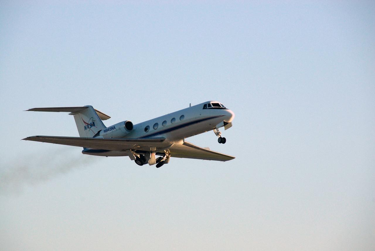 CAPE CANAVERAL, Fla. -- One of the shuttle training aircraft, or STA, takes off from the runway at NASA Kennedy Space Center's Shuttle Landing Facility. Handling the controls is the pilot of the STS-124 mission, Ken Ham, who will practice landing the shuttle. The STA is a Grumman American Aviation-built Gulf Stream II jet that was modified to simulate an orbiter's cockpit, motion and visual cues, and handling qualities. In flight, the aircraft duplicates the orbiter's atmospheric descent trajectory from approximately 35,000 feet altitude to landing on a runway. Space shuttle Discovery is scheduled to lift off on the STS-124 mission at 5:02 p.m. May 31. Photo credit: NASA/Kim Shiflett