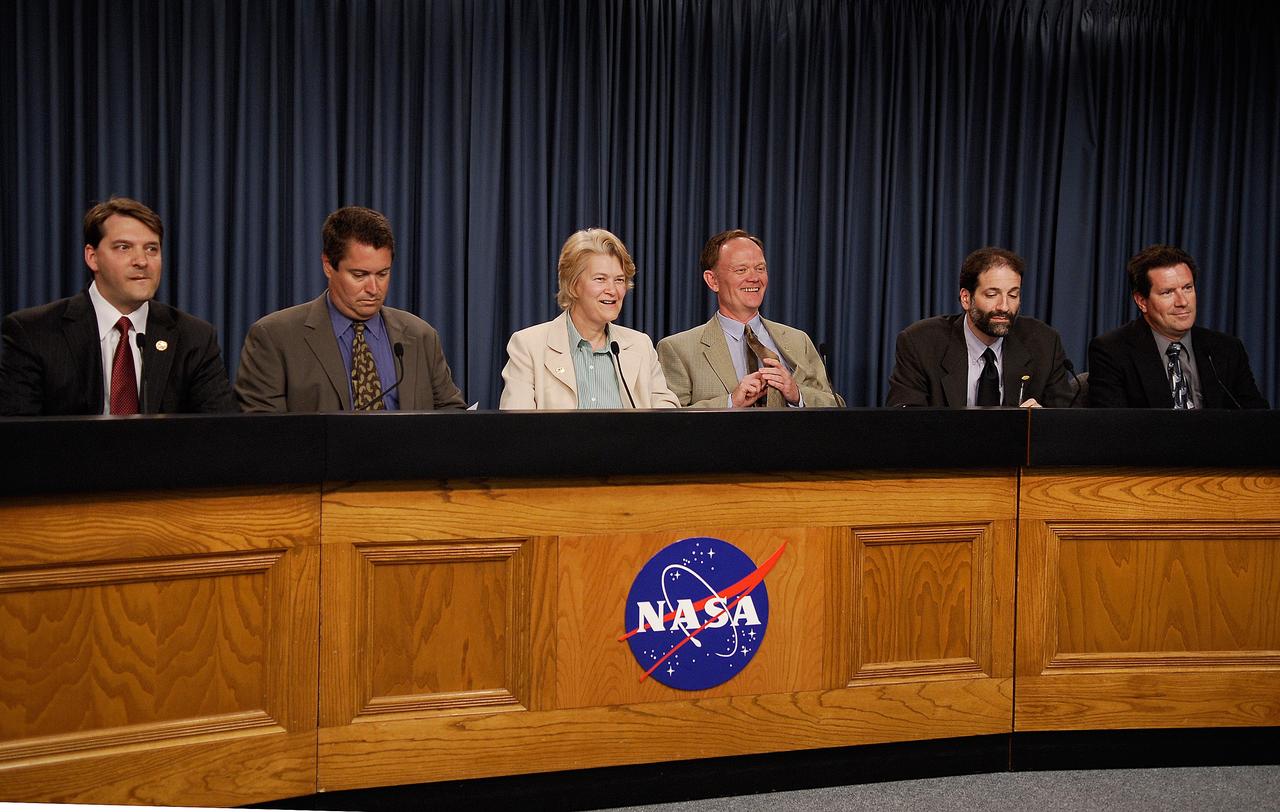 CAPE CANAVERAL, Fla. --   At NASA's Kennedy Space Center, key personnel brief the media on NASA's Gamma-Ray Large Area Space Telescope, or GLAST, launch scheduled for June 11.  From left are Dr. Jon Morse, director of NASA's Astrophysics Division; Omar Baez, NASA launch director/launch manager at Kennedy; Kris Walsh, director of the Delta NASA and Commercial Programs with United Launch Alliance;  Kevin Grady, GLAST project manager at NASA's Goddard Space Flight Center; Dr. Steven Ritz, GLAST project scientist/astrophysicist at Goddard; and Joel Tumbiolo, the U.S. Air Force Delta II launch weather officer with the 45th Weather Squadron at Cape Canaveral Air Force Station.  GLAST is a powerful space observatory that will explore the Universe's ultimate frontier, where nature harnesses forces and energies far beyond anything possible on Earth;  probe some of science's deepest questions, such as what our Universe is made of, and search for new laws of physics; explain how black holes accelerate jets of material to nearly light speed; and help crack the mystery of stupendously powerful explosions known as gamma-ray bursts.   Photo credit: NASA/Kim Shiflett