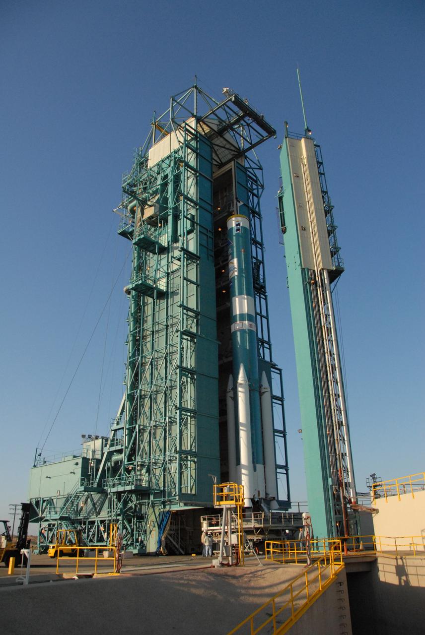 VANDENBERG AIR FORCE BASE, Calif. --  On Space Launch Complex 2 at Vandenberg Air Force Base in California, the mobile service tower moves toward the Delta II rocket for installation of the second stage. The Delta II will launch the OSTM/Jason-2 spacecraft. The OSTM, or Ocean Topography Mission, on the Jason-2 satellite is a follow-on to Jason-1. It will take oceanographic studies of sea surface height into an operational mode for continued climate forecasting research and science and industrial applications.  This satellite altimetry data will help determine ocean circulation, climate change and sea-level rise. OSTM is a joint effort by the National Oceanic and Atmospheric Administration, NASA, France’s Centre National d’Etudes Spatiales and the European Meteorological Satellite Organisation. OSTM/Jason-2 will be launched on June 20. Photo credit: NASA