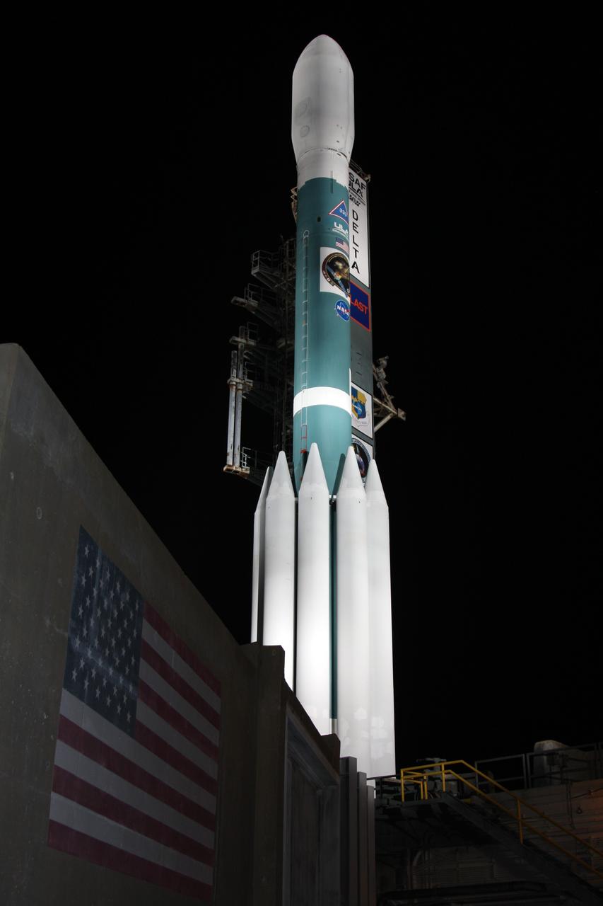 CAPE CANAVERAL, Fla.  --   NASA's Gamma-ray Large Area Space Telescope, or GLAST, spacecraft atop the Delta II rocket is spotlighted after rollback of the mobile service tower on Cape Canaveral Air Force Station's Launch Pad 17-B.  GLAST is a powerful space observatory that will explore the universe's ultimate frontier, where nature harnesses forces and energies far beyond anything possible on Earth;  probe some of science's deepest questions, such as what our universe is made of, and search for new laws of physics; explain how black holes accelerate jets of material to nearly light speed; and help crack the mystery of stupendously powerful explosions known as gamma-ray bursts.  Launch is scheduled for 11:45 a.m. June 11.  Photo credit: NASA/Dimitri Gerondidakis