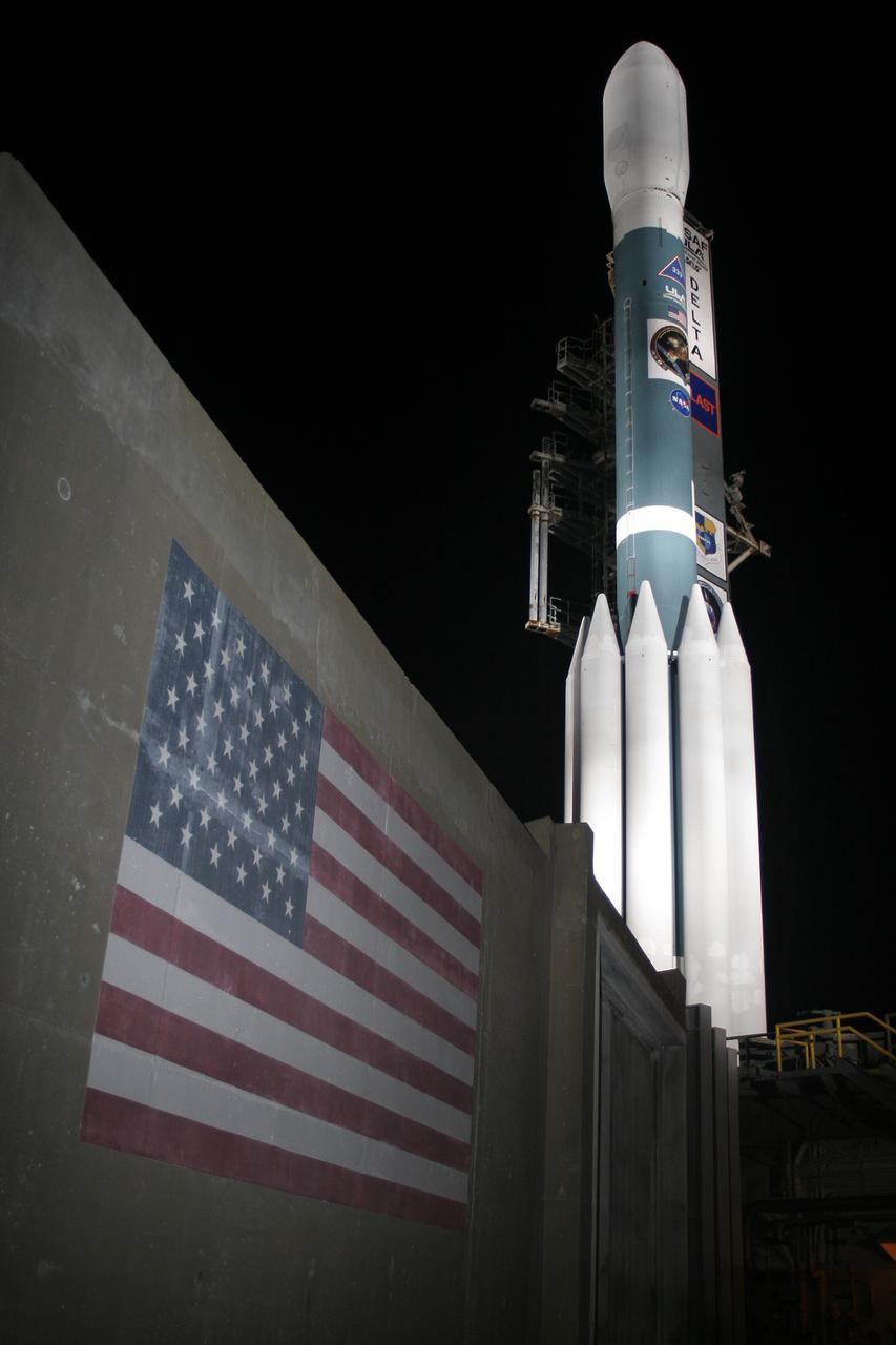 CAPE CANAVERAL, Fla.  --  On Cape Canaveral Air Force Station's Launch Pad 17-B, NASA's Gamma-ray Large Area Space Telescope , or GLAST, sits poised for launch atop the United Launch Alliance Delta II rocket after rollback of the mobile service tower.  GLAST is a powerful space observatory that will explore the universe's ultimate frontier, where nature harnesses forces and energies far beyond anything possible on Earth;  probe some of science's deepest questions, such as what our universe is made of, and search for new laws of physics; explain how black holes accelerate jets of material to nearly light speed; and help crack the mystery of stupendously powerful explosions known as gamma-ray bursts.  Launch is scheduled for 11:45 a.m. June 11.  Photo credit: Carleton Bailie photograph for United Launch Alliance