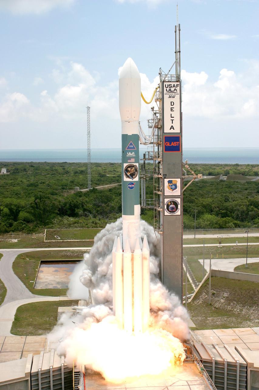 CAPE CANAVERAL, Fla.  --  The Delta II rocket with NASA's Gamma-Ray Large Area Space Telescope , or GLAST, on top ignites for liftoff from Cape Canaveral Air Force Station's Launch Pad 17-B.  Liftoff was at 12:05 p.m. EDT. GLAST is a powerful space observatory that will explore the universe's ultimate frontier, where nature harnesses forces and energies far beyond anything possible on Earth;  probe some of science's deepest questions, such as what our universe is made of, and search for new laws of physics; explain how black holes accelerate jets of material to nearly light speed; and help crack the mystery of stupendously powerful explosions known as gamma-ray bursts.  Launch is scheduled for 11:45 a.m. June 11.  Photo credit: Carleton Bailie photograph for United Launch Alliance