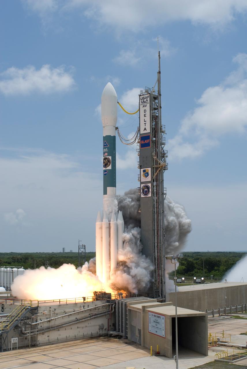 CAPE CANAVERAL, Fla.  -- Smoke is generated at liftoff of NASA's Gamma-Ray Large Area Space Telescope , or GLAST, aboard a Delta II rocket from Cape Canaveral Air Force Station's Launch Pad 17-B. Liftoff was at 12:05 p.m. EDT.  GLAST is a powerful space observatory that will explore the universe's ultimate frontier, where nature harnesses forces and energies far beyond anything possible on Earth;  probe some of science's deepest questions, such as what our universe is made of, and search for new laws of physics; explain how black holes accelerate jets of material to nearly light speed; and help crack the mystery of stupendously powerful explosions known as gamma-ray bursts.  Launch is scheduled for 11:45 a.m. June 11.  Photo credit: NASA/Tony Gray, Regina Mitchell-Ryall