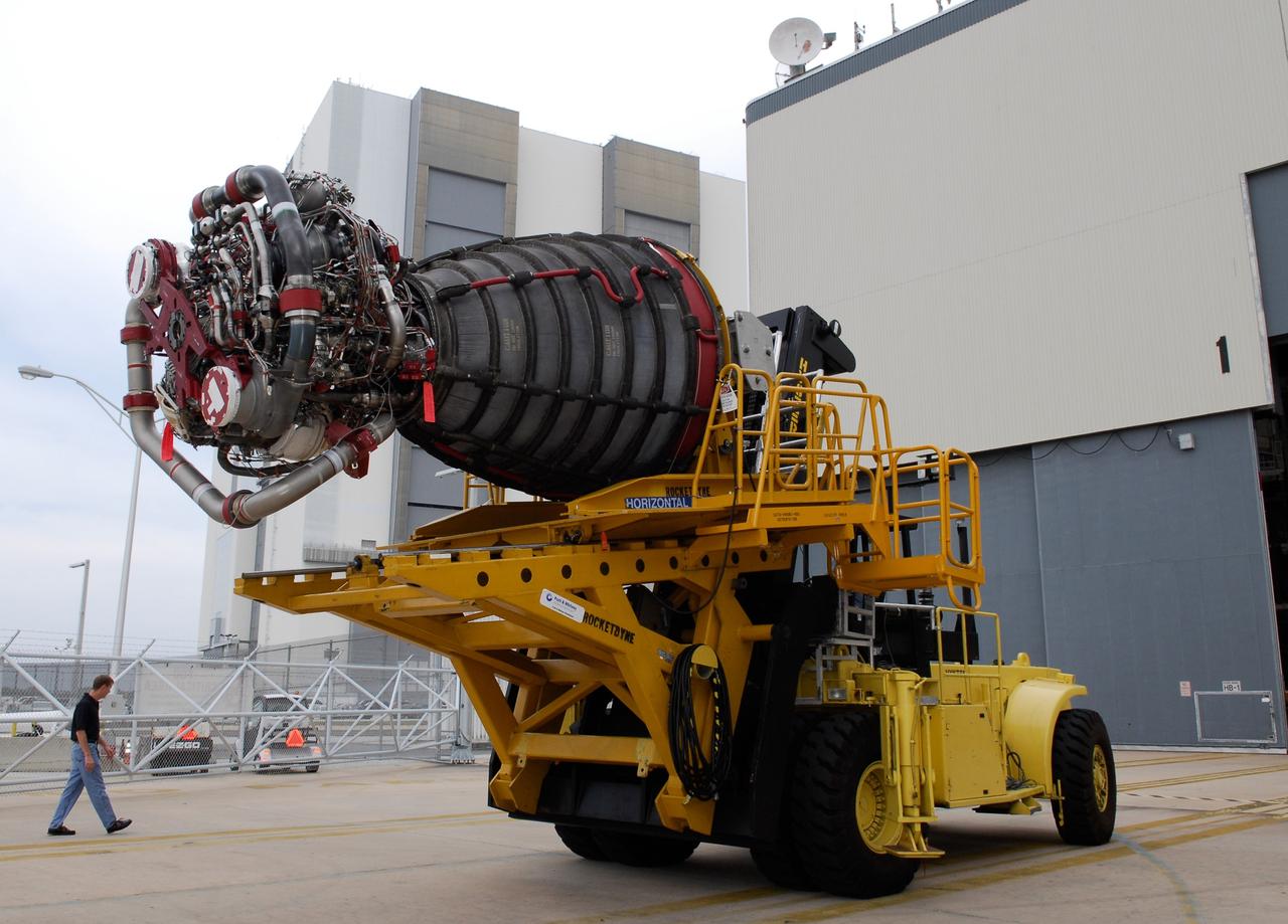 CAPE CANAVERAL, Fla. – One of the three main engines for space shuttle Atlantis is transported to Orbiter Processing Facility bay No. 1 for installation. Atlantis is the designated vehicle for the STS-125 mission to service the Hubble Space Telescope.  Launch is targeted for Oct. 8.  Photo credit: NASA/Kim Shiflett
